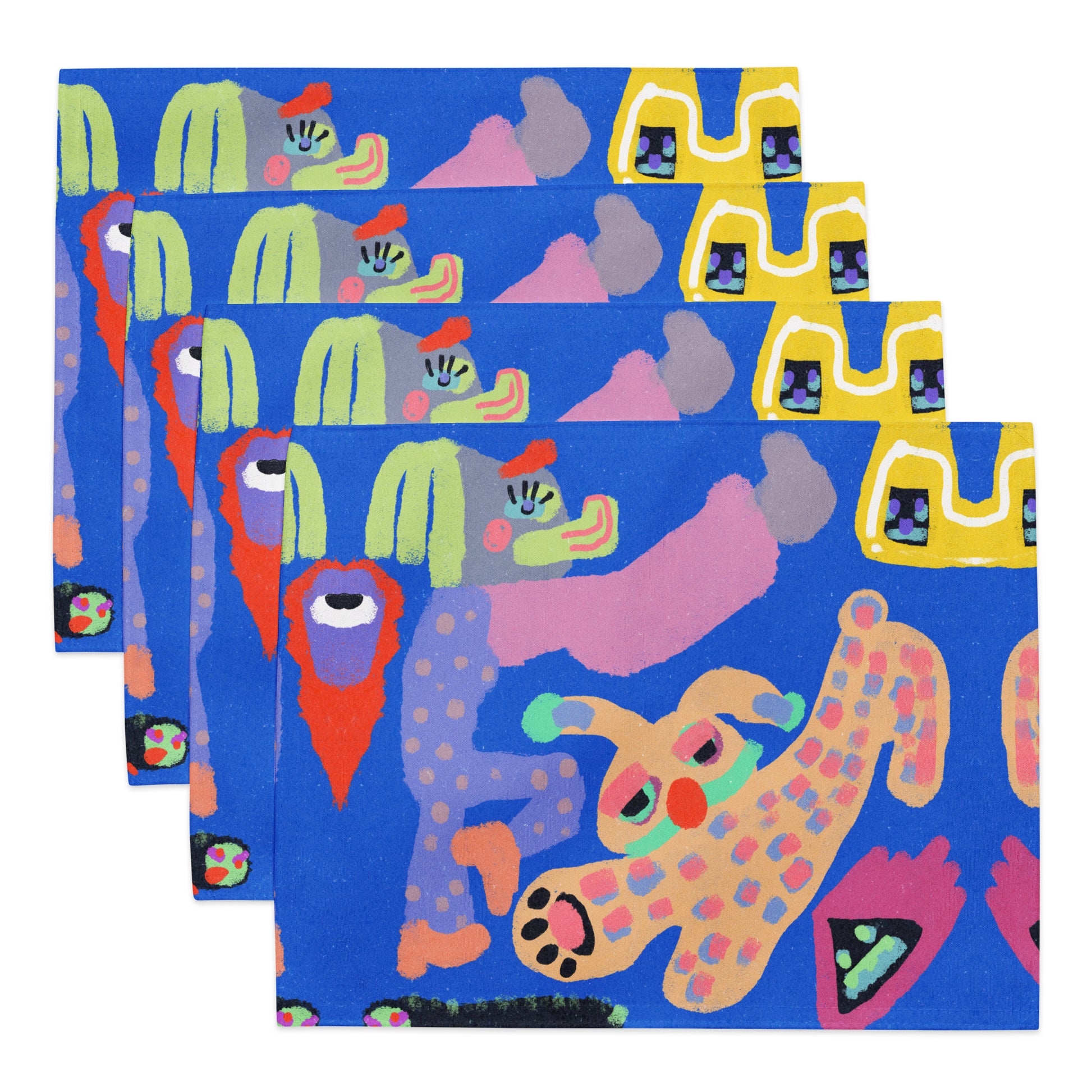 Stylish 4-piece placemat set showcasing bold, offbeat art, perfect for adding personality to meals with its easy-to-clean and water-resistant design.