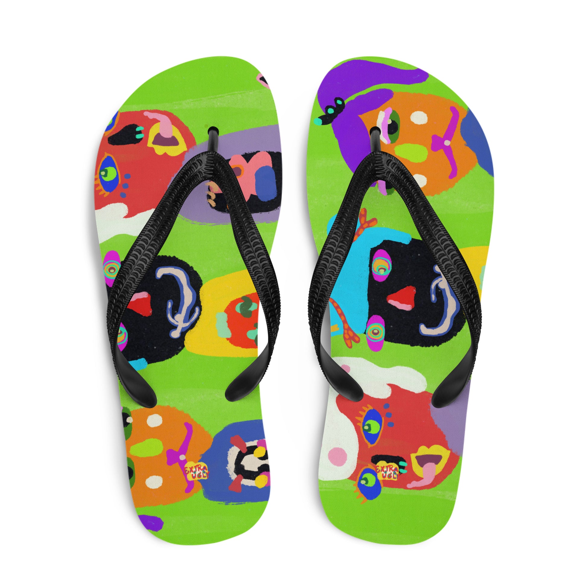 Colorful flip-flops with three quirky characters and vibrant abstract design