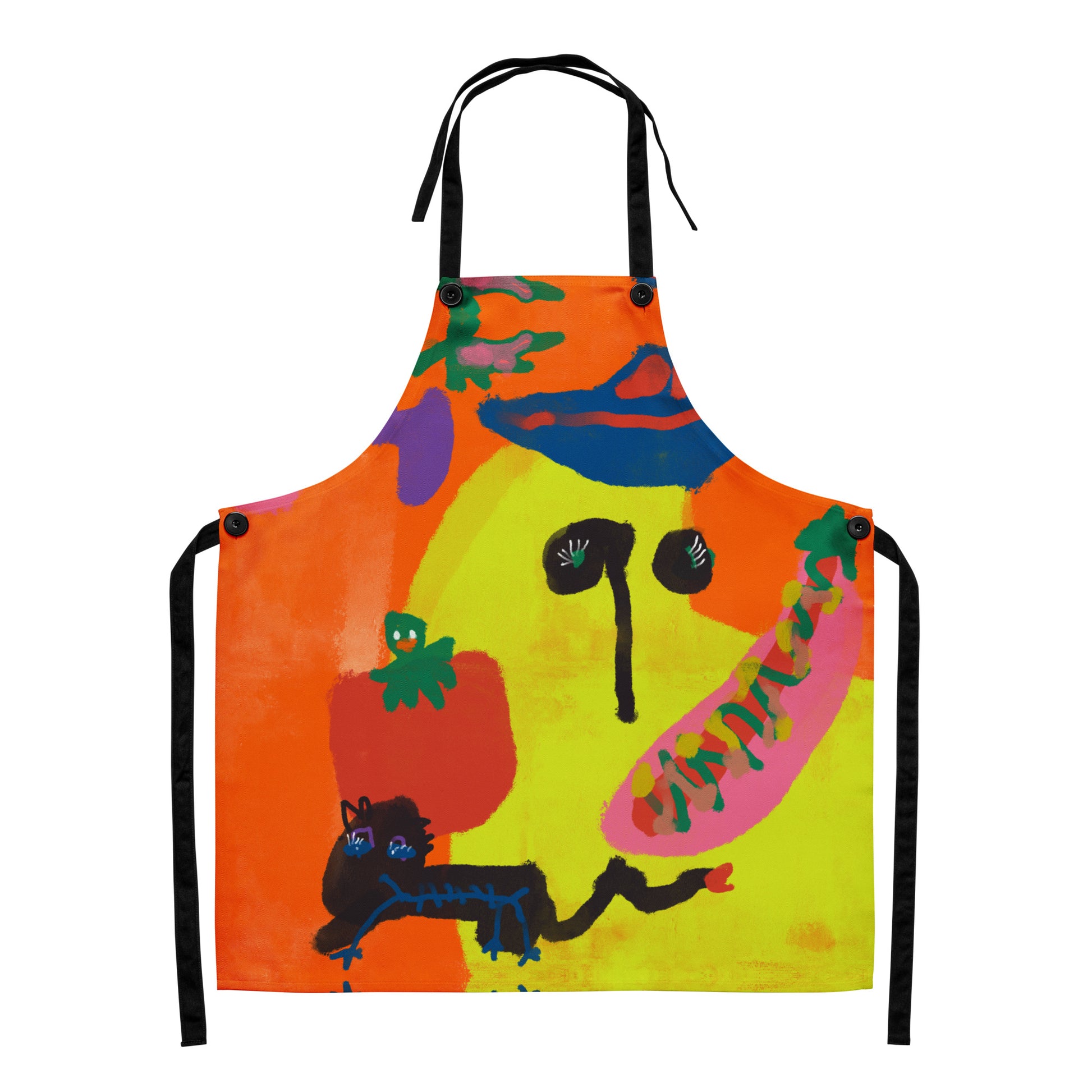 Spill-resistant apron featuring "Spicy Banana" wild and messy artwork, with adjustable straps for cooking and baking.