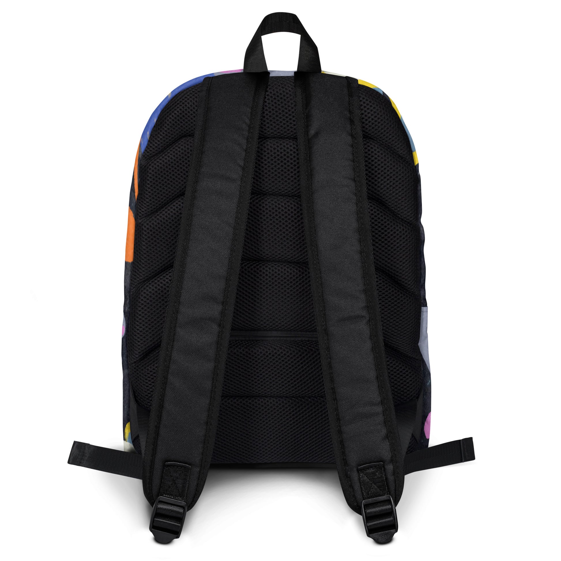 Backpack with quirky illustrated face design, featuring a medium size, laptop sleeve, and water-resistant fabric