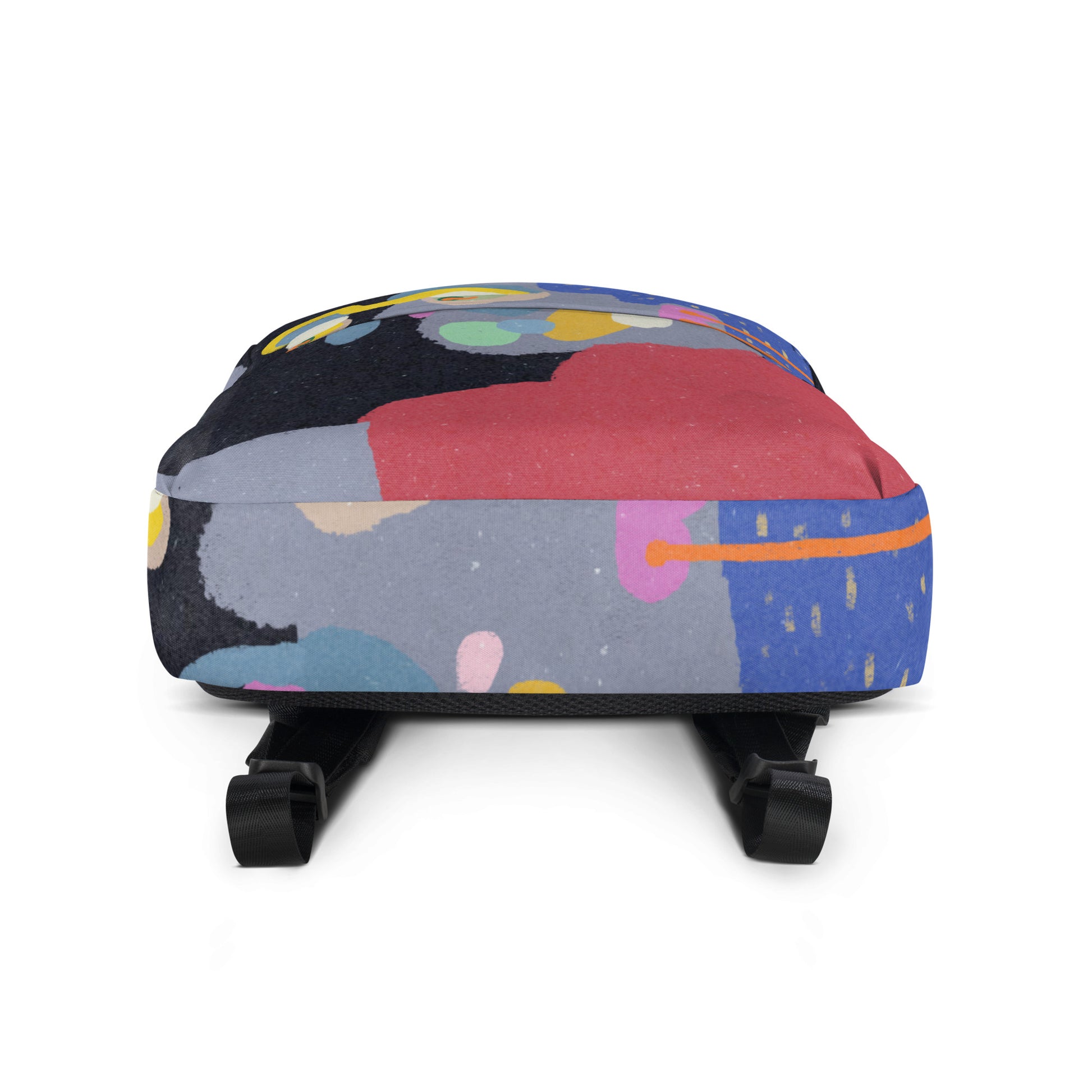 Backpack with quirky illustrated face design, featuring a medium size, laptop sleeve, and water-resistant fabric
