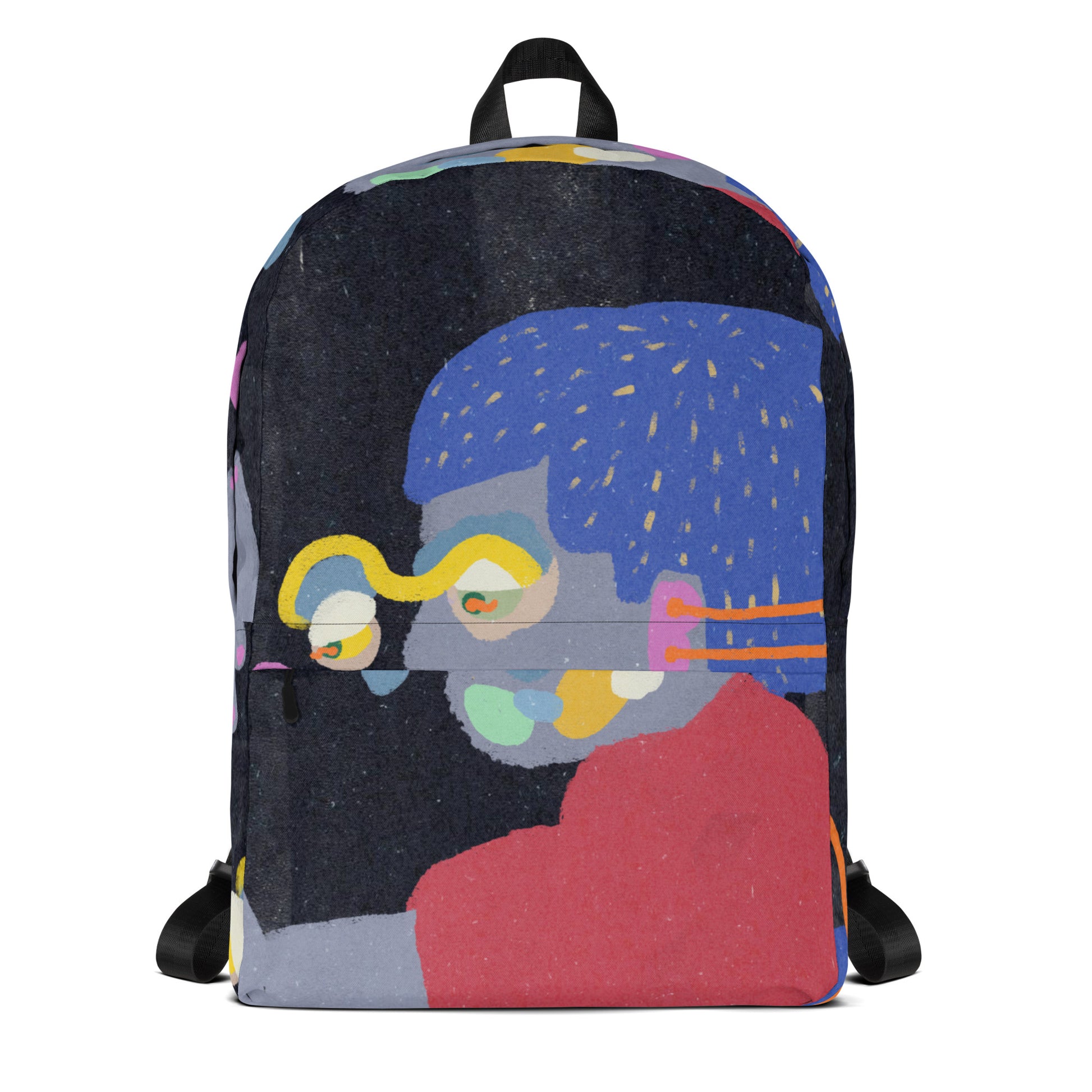 Backpack with quirky illustrated face design, featuring a medium size, laptop sleeve, and water-resistant fabric
