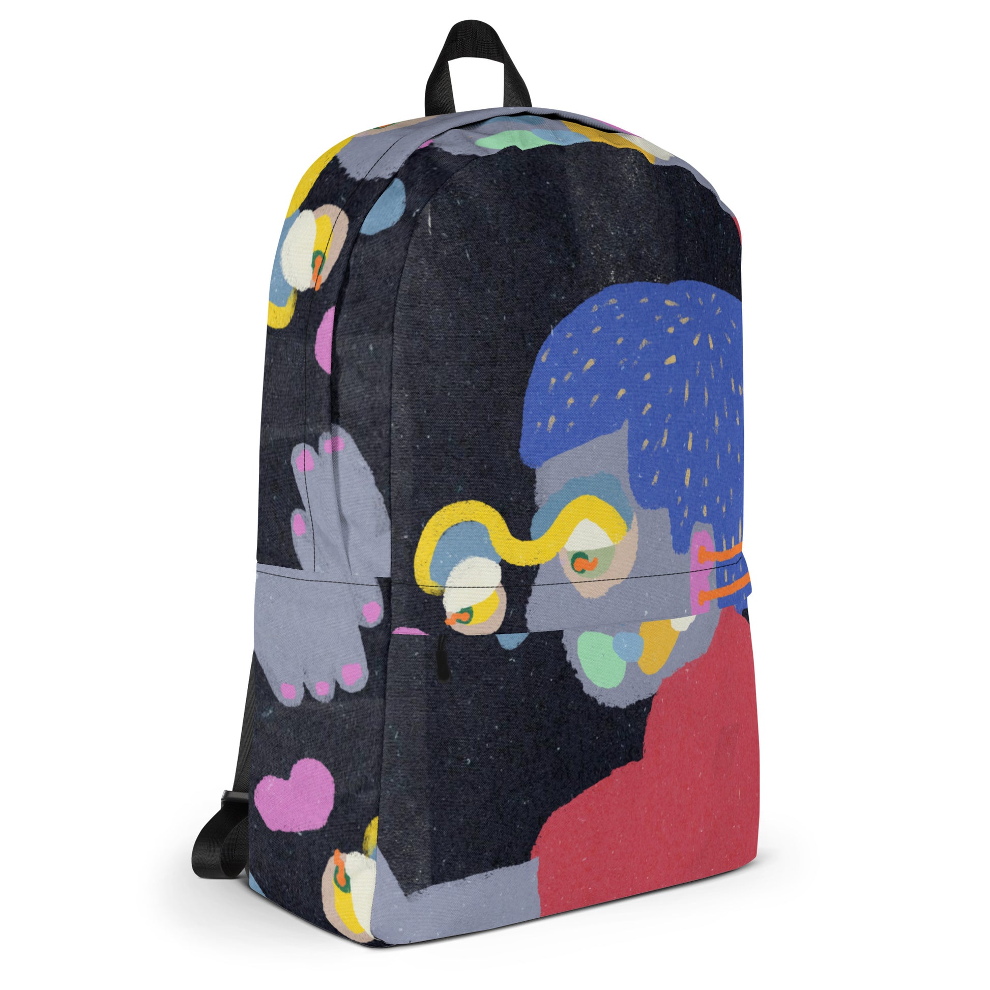 Backpack with quirky illustrated face design, featuring a medium size, laptop sleeve, and water-resistant fabric