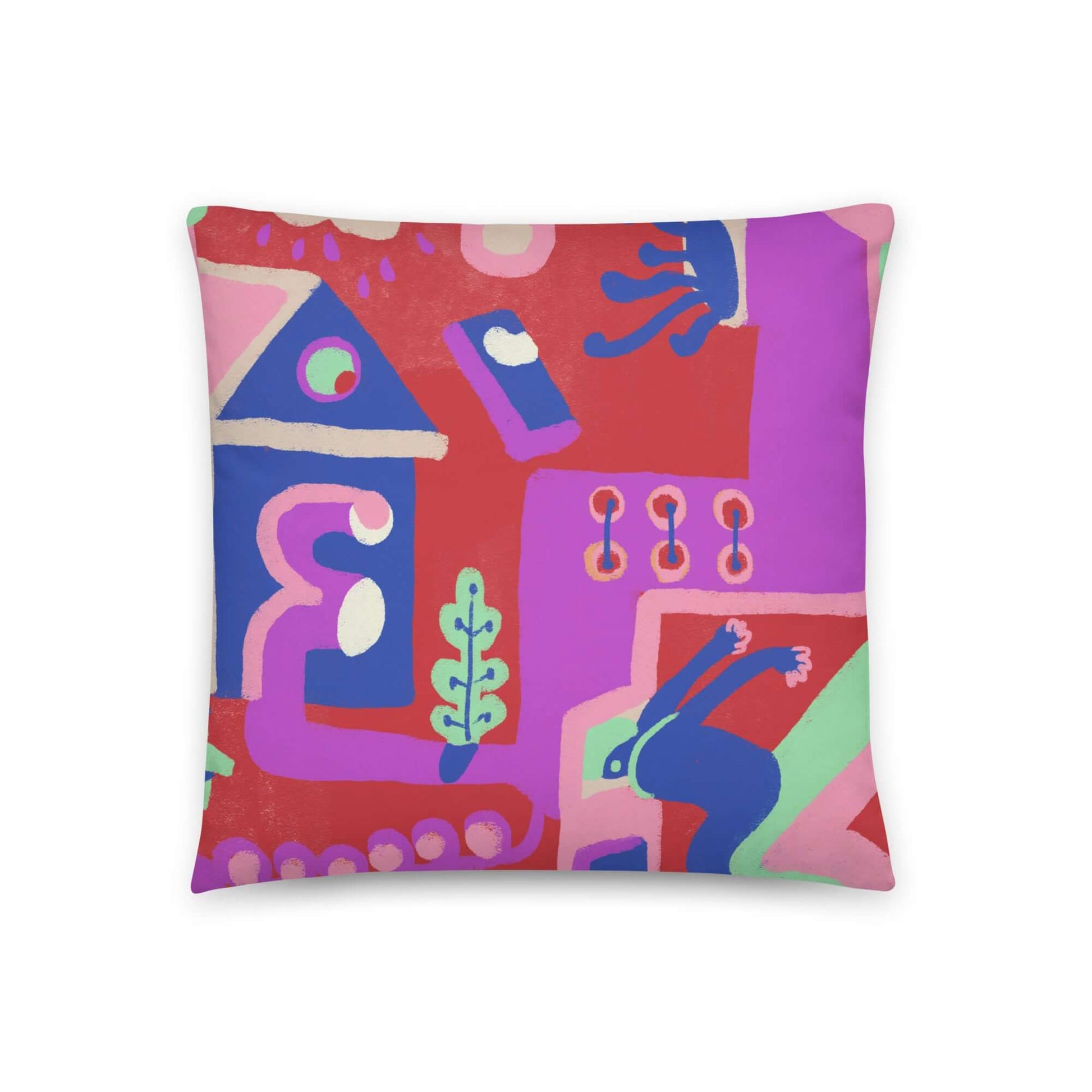 Vibrant "Hot Summer Dive" pillow in red and pink, adding energy to any room, with a comfy shape-retaining insert and machine-washable cover.