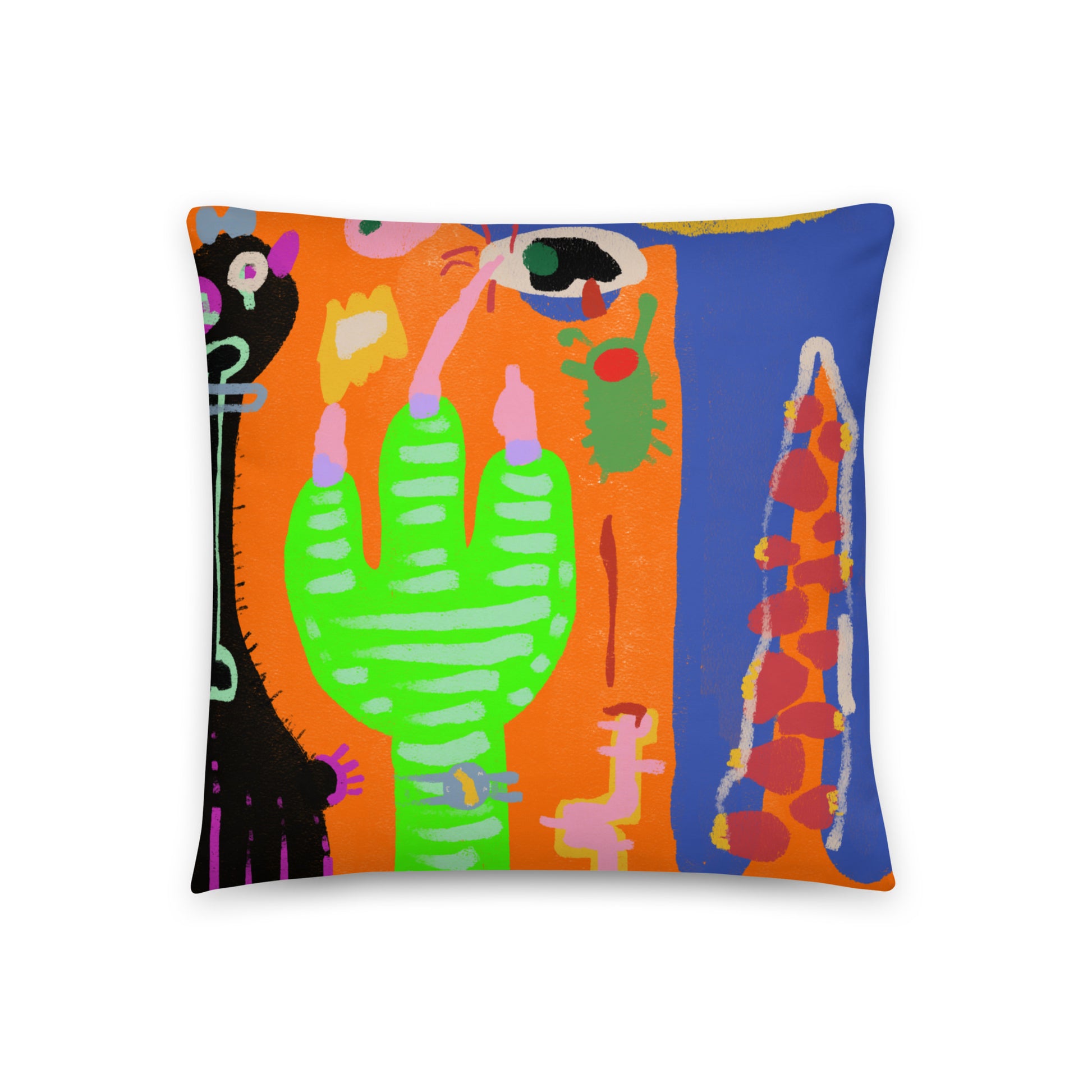 A vibrant, boldly colored pillow featuring "Waving Alligator" artwork, designed to be a room accent and comfortable for naps.