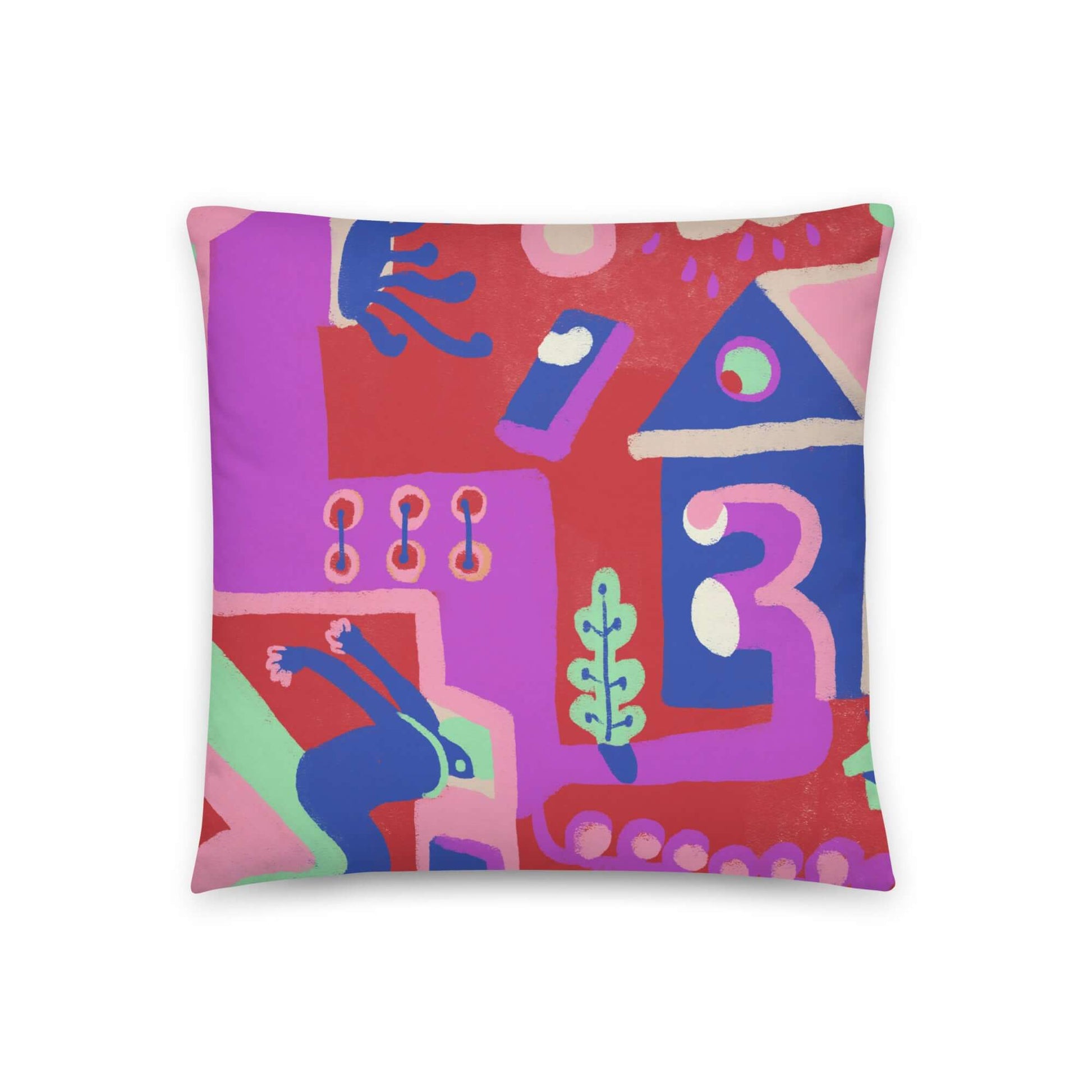 Vibrant "Hot Summer Dive" pillow in red and pink, adding energy to any room, with a comfy shape-retaining insert and machine-washable cover.