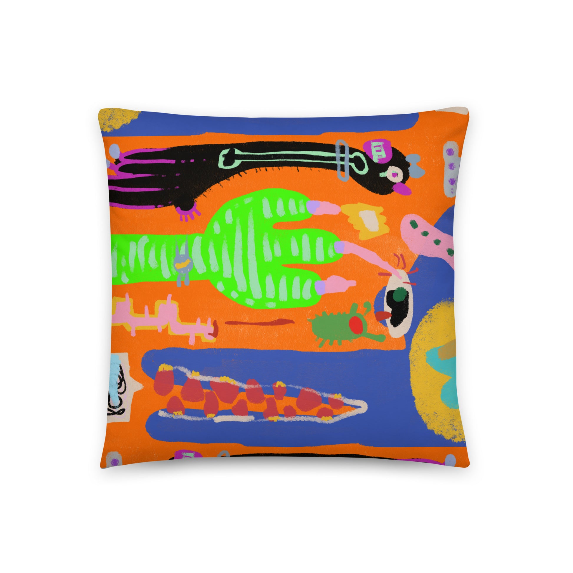 A vibrant, boldly colored pillow featuring "Waving Alligator" artwork, designed to be a room accent and comfortable for naps.