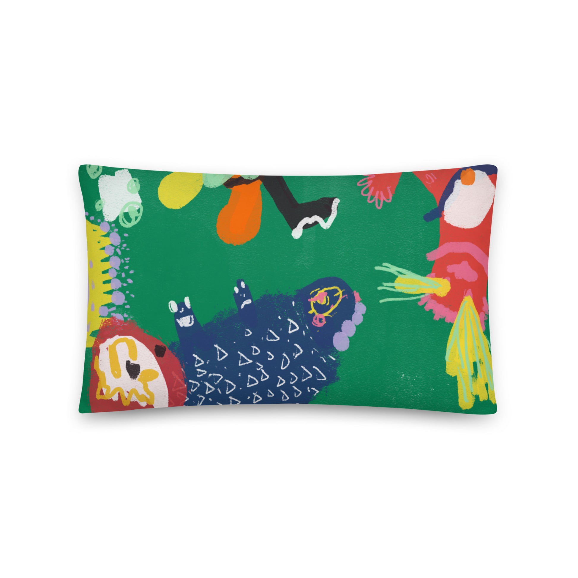 Decorative throw pillow with a chaotic, colorful animal art print, featuring a soft, machine-washable case and shape-retaining insert.