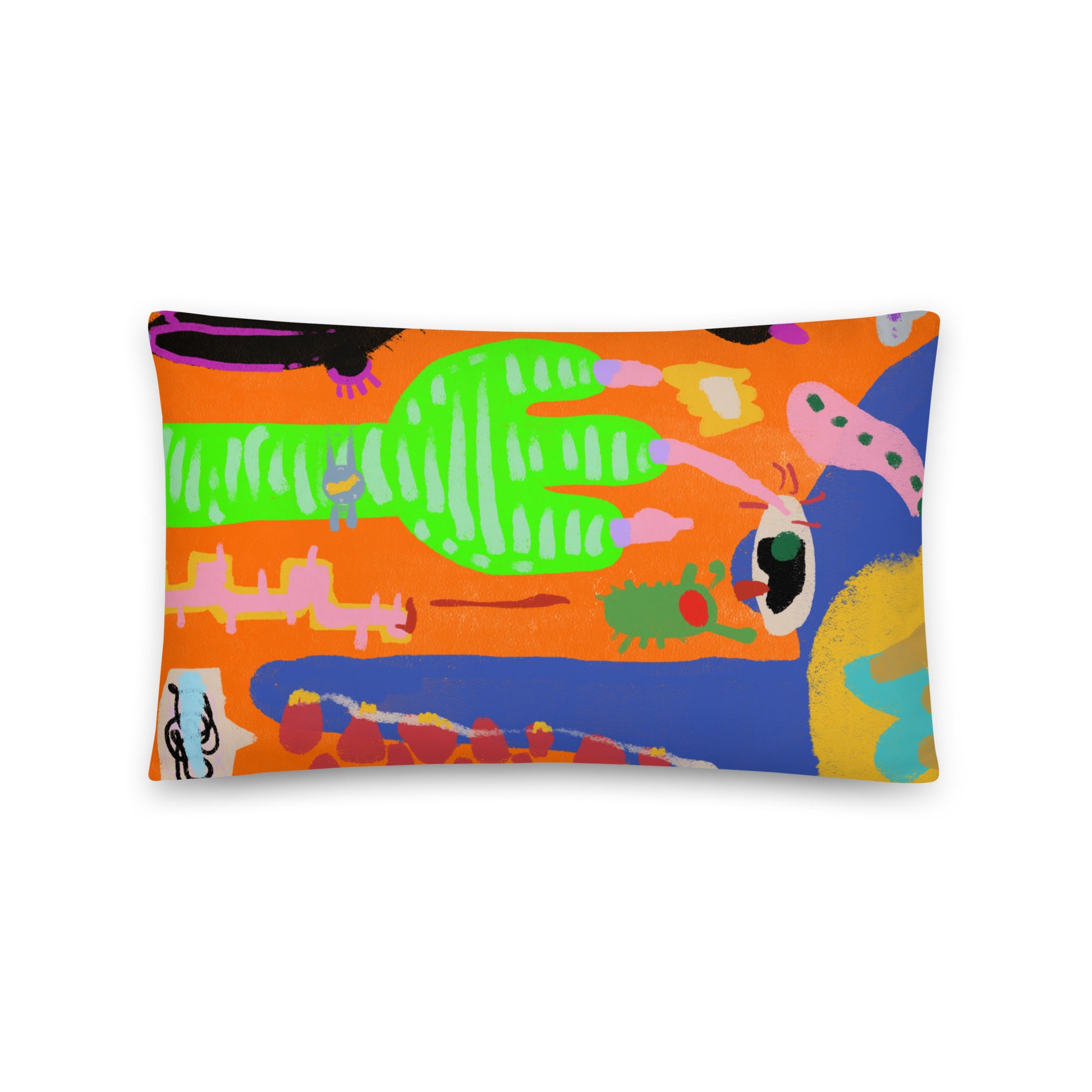 A vibrant, boldly colored pillow featuring "Waving Alligator" artwork, designed to be a room accent and comfortable for naps.