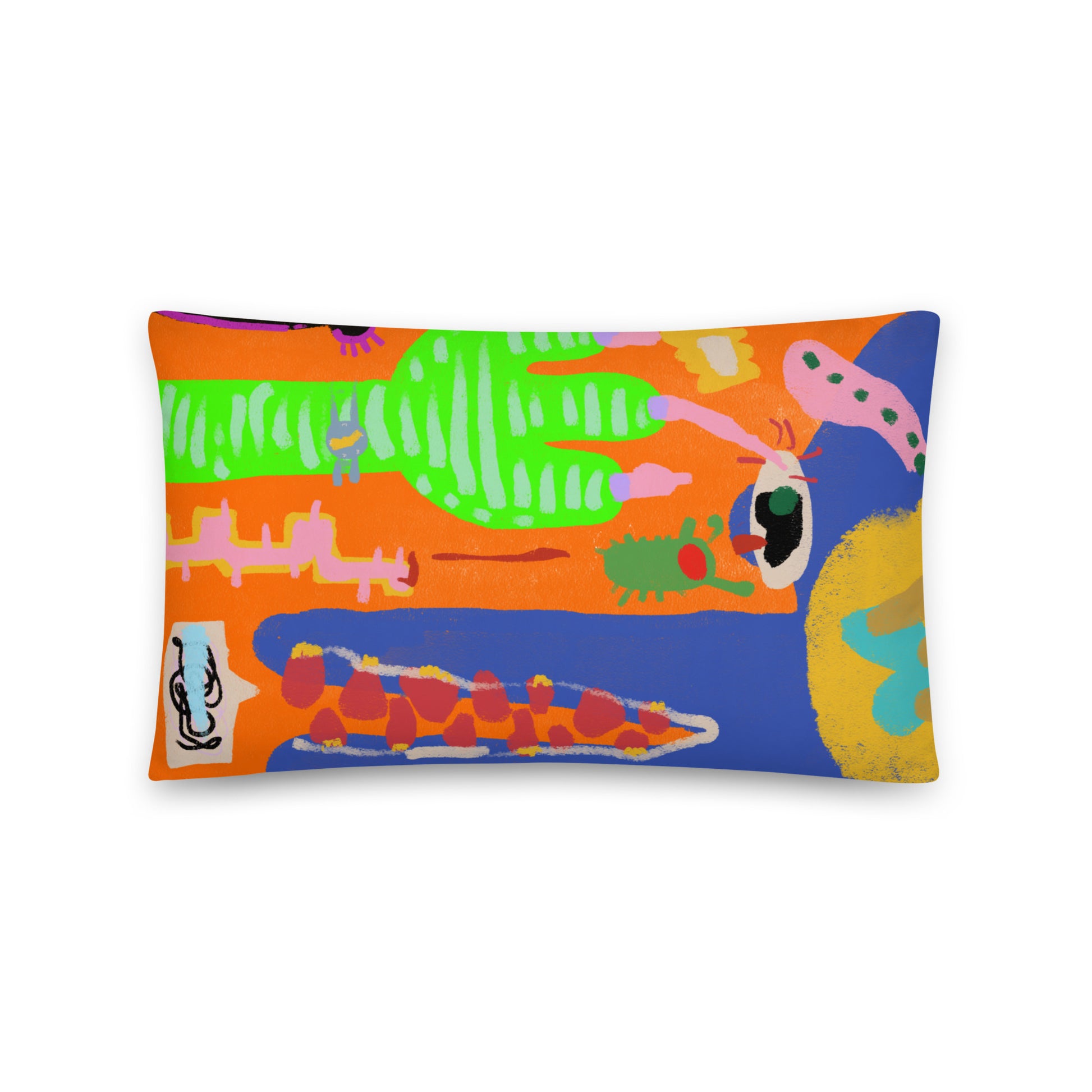 A vibrant, boldly colored pillow featuring "Waving Alligator" artwork, designed to be a room accent and comfortable for naps.
