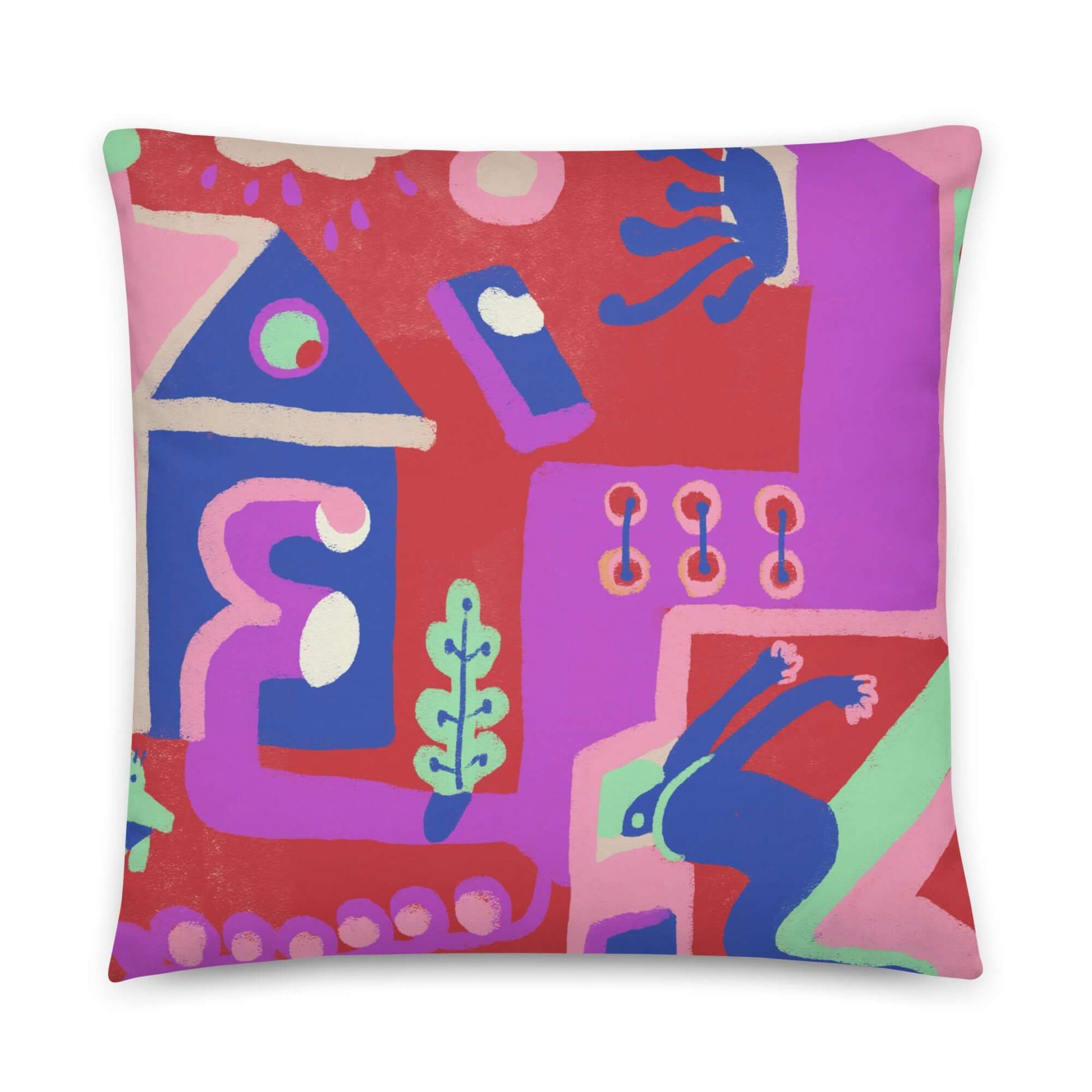 Vibrant "Hot Summer Dive" pillow in red and pink, adding energy to any room, with a comfy shape-retaining insert and machine-washable cover.