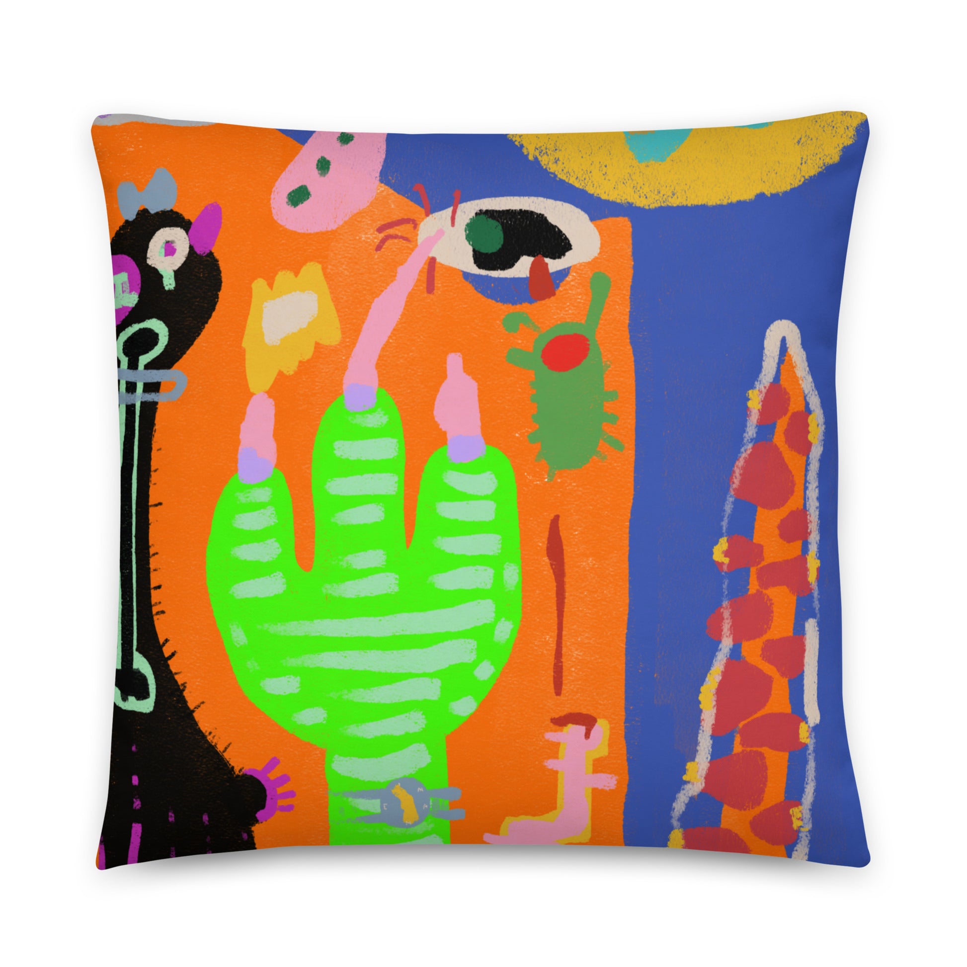 A vibrant, boldly colored pillow featuring "Waving Alligator" artwork, designed to be a room accent and comfortable for naps.