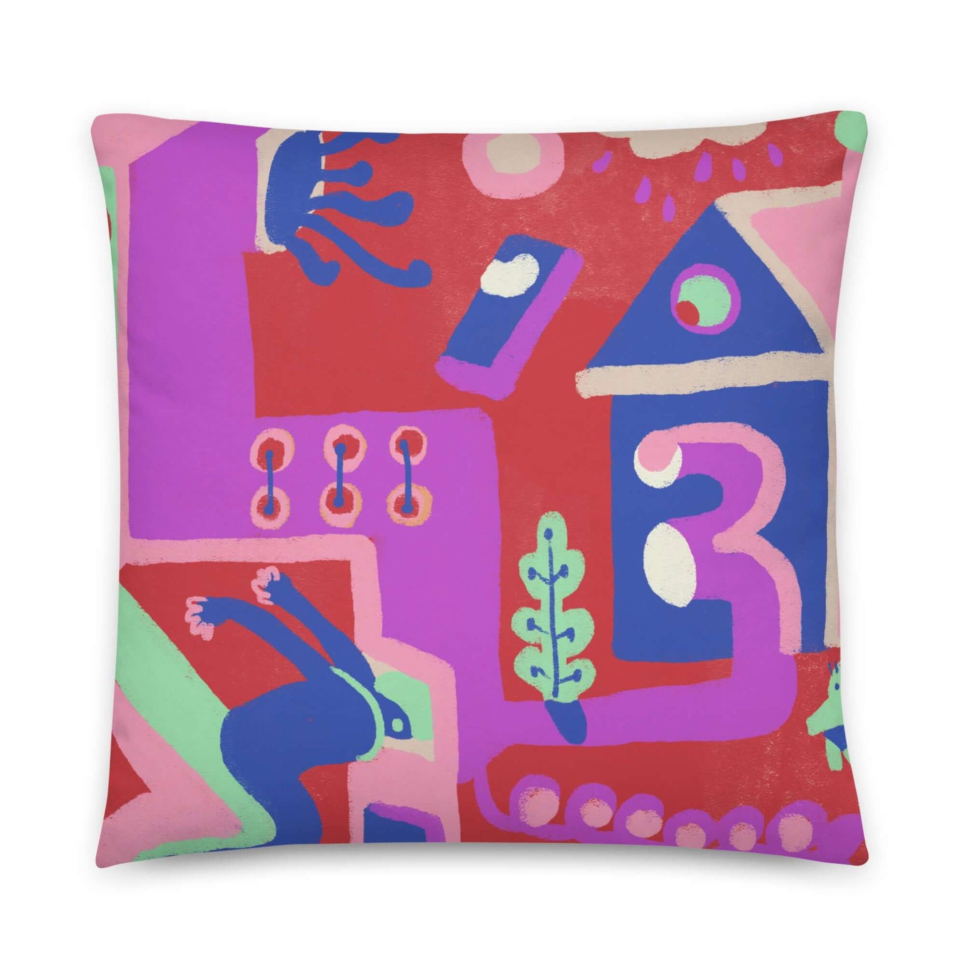 Vibrant "Hot Summer Dive" pillow in red and pink, adding energy to any room, with a comfy shape-retaining insert and machine-washable cover.