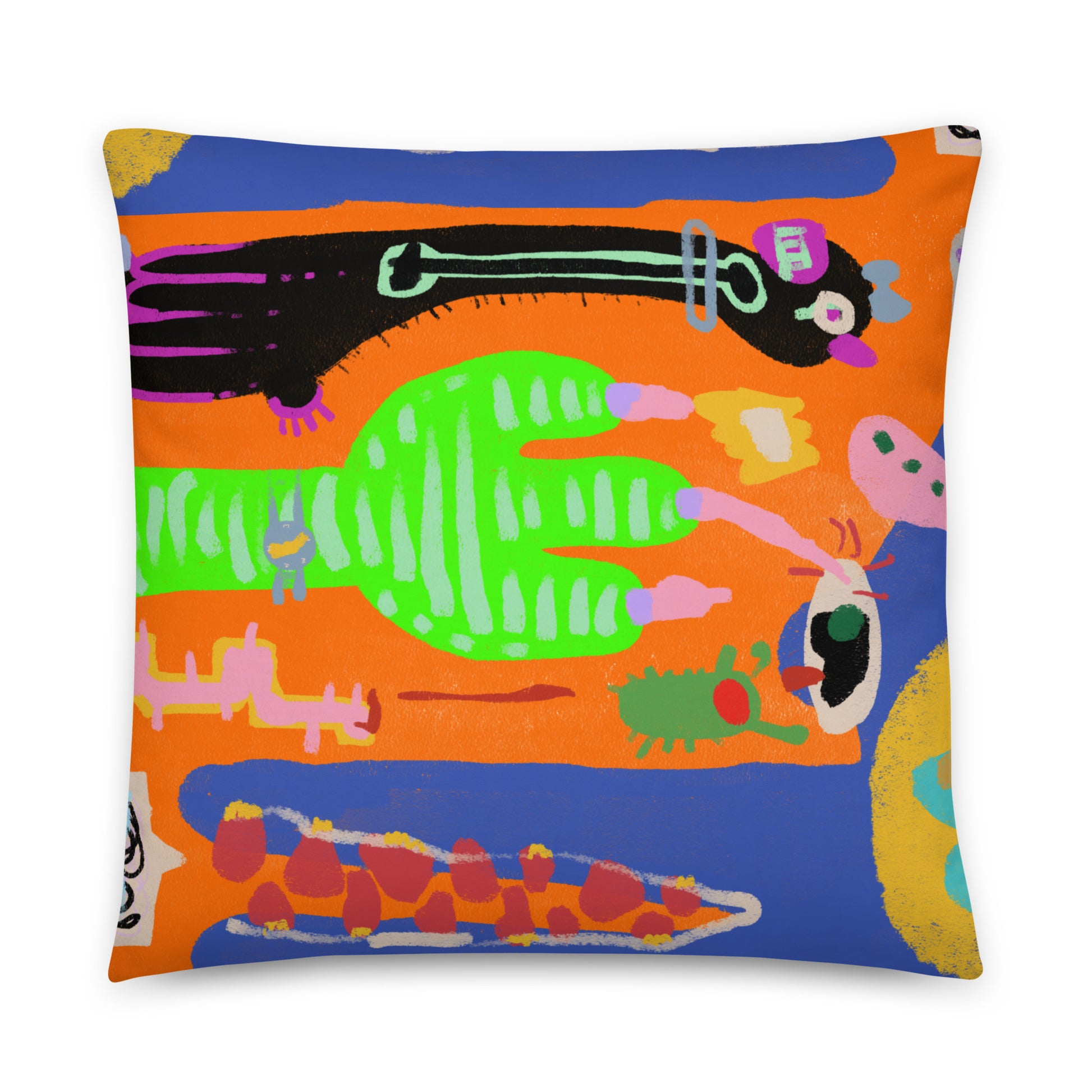 A vibrant, boldly colored pillow featuring "Waving Alligator" artwork, designed to be a room accent and comfortable for naps.