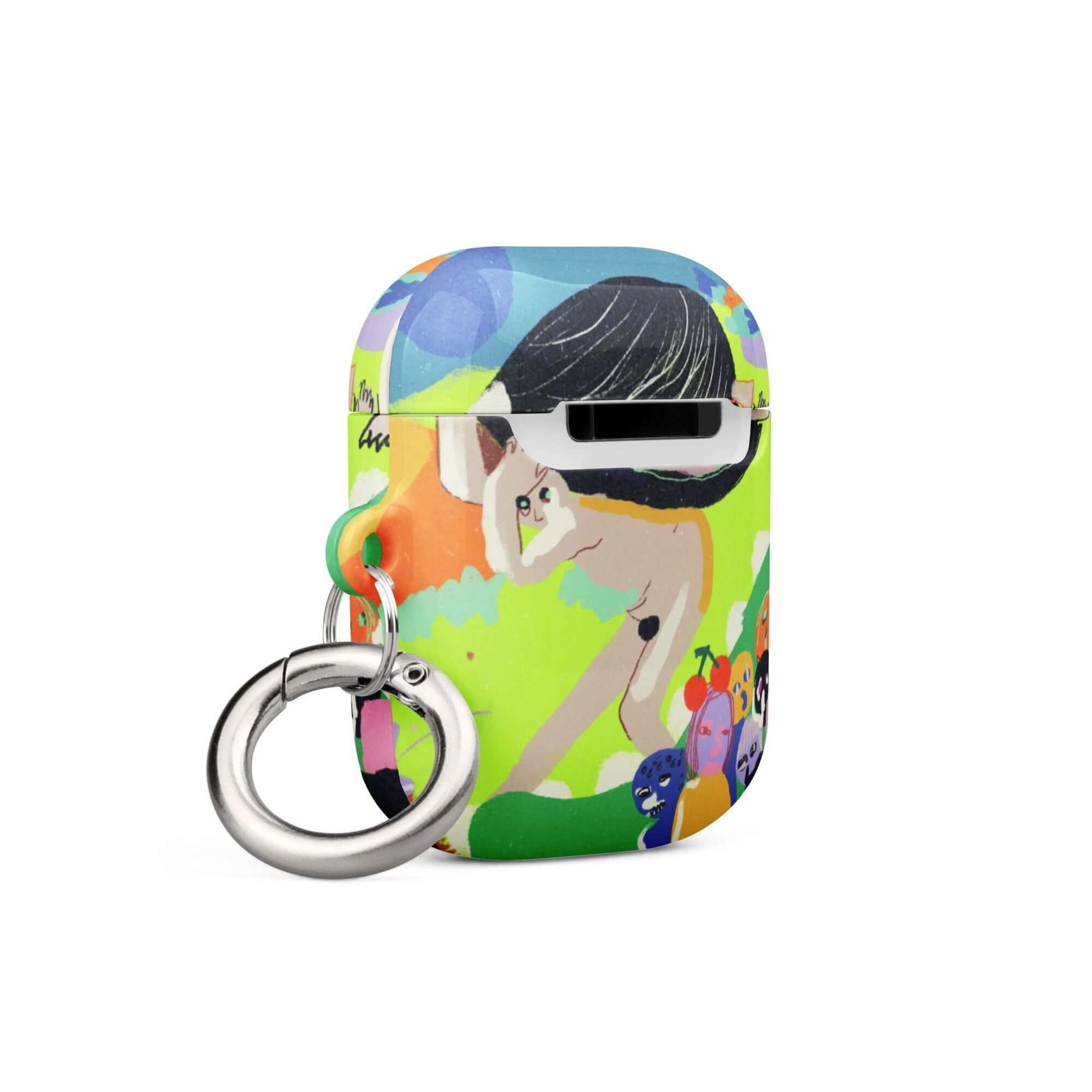 AirPods case with unique artwork inspired by Hieronymus Bosch's surreal and fantastical style, featuring strange creatures and detailed allegorical scenes.