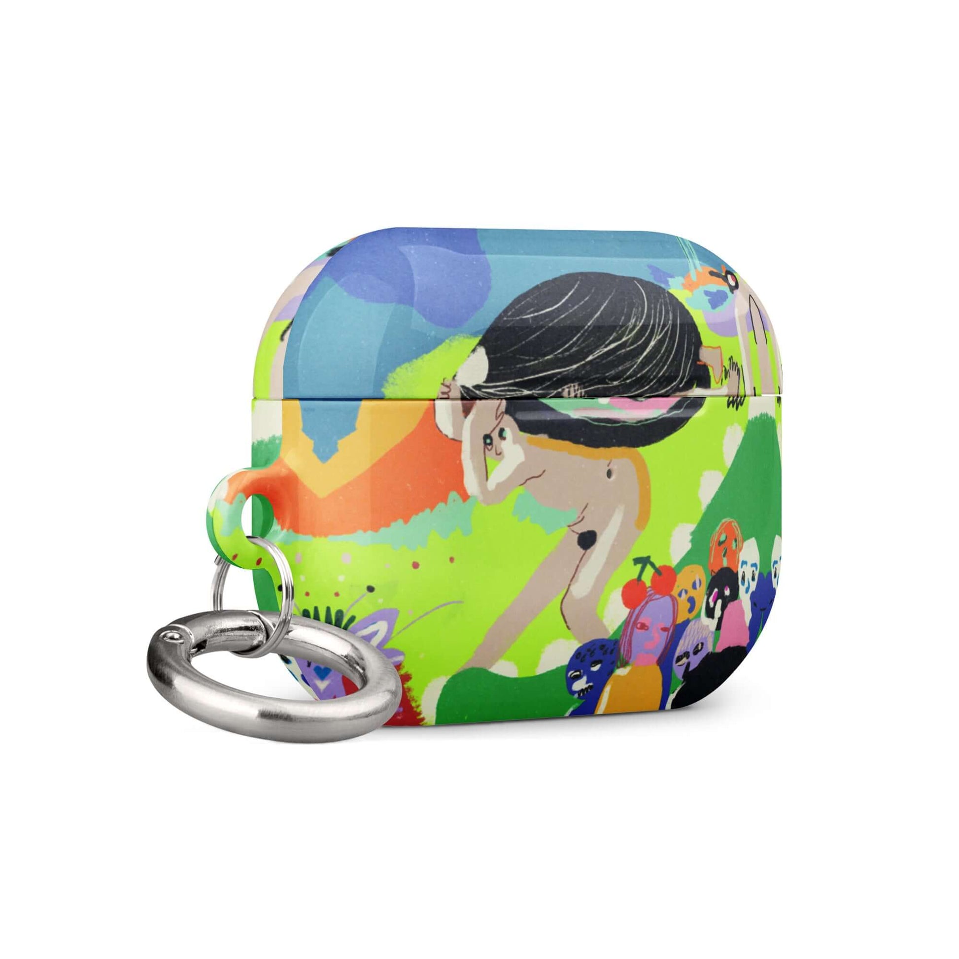 AirPods case featuring a surreal art remake of Hieronymus Bosch's "The Garden of Earthly Delights" with fantastical creatures and vibrant figures.