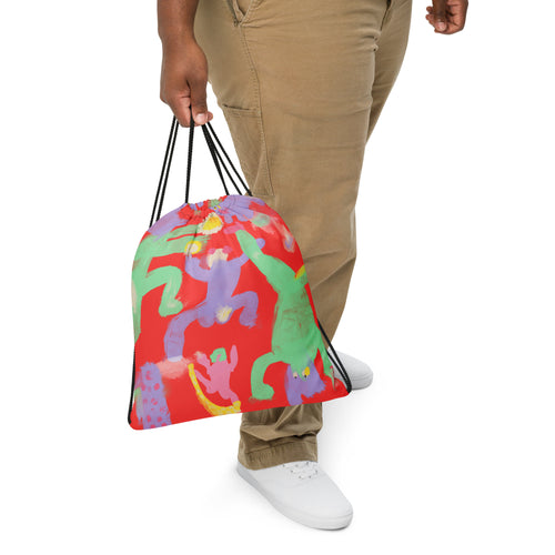 Gym essential drawstring bag with a colorful, vibrant print, designed to be worn as a backpack with adjustable contrasting shoulder straps.