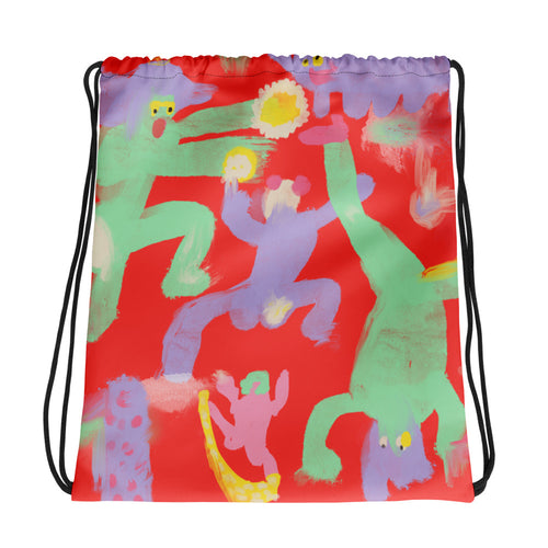 Gym essential drawstring bag with a colorful, vibrant print, designed to be worn as a backpack with adjustable contrasting shoulder straps.