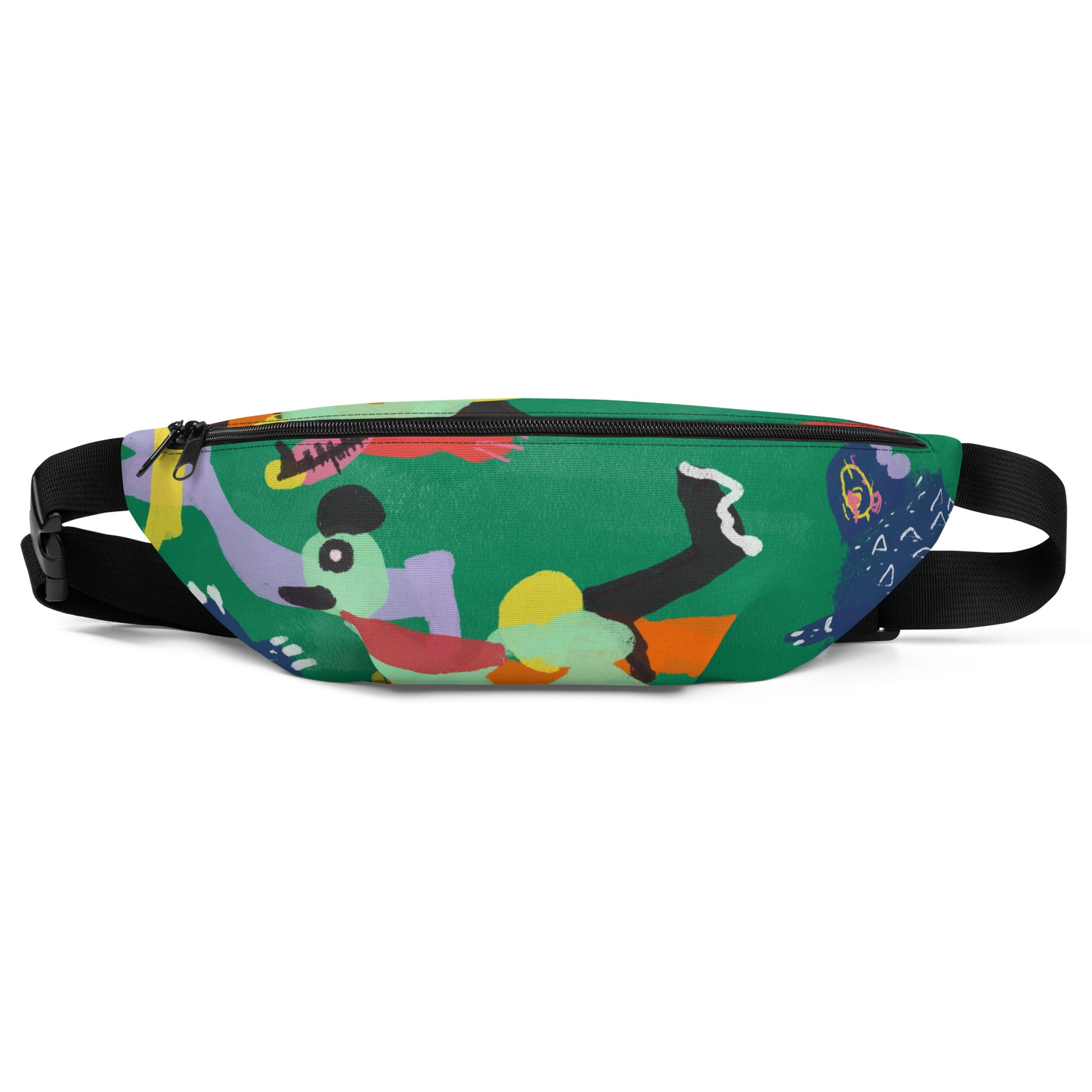 "Jungle Party" fanny pack, a bold and bright hands-free accessory for adventures, with an inside pocket and adjustable straps.