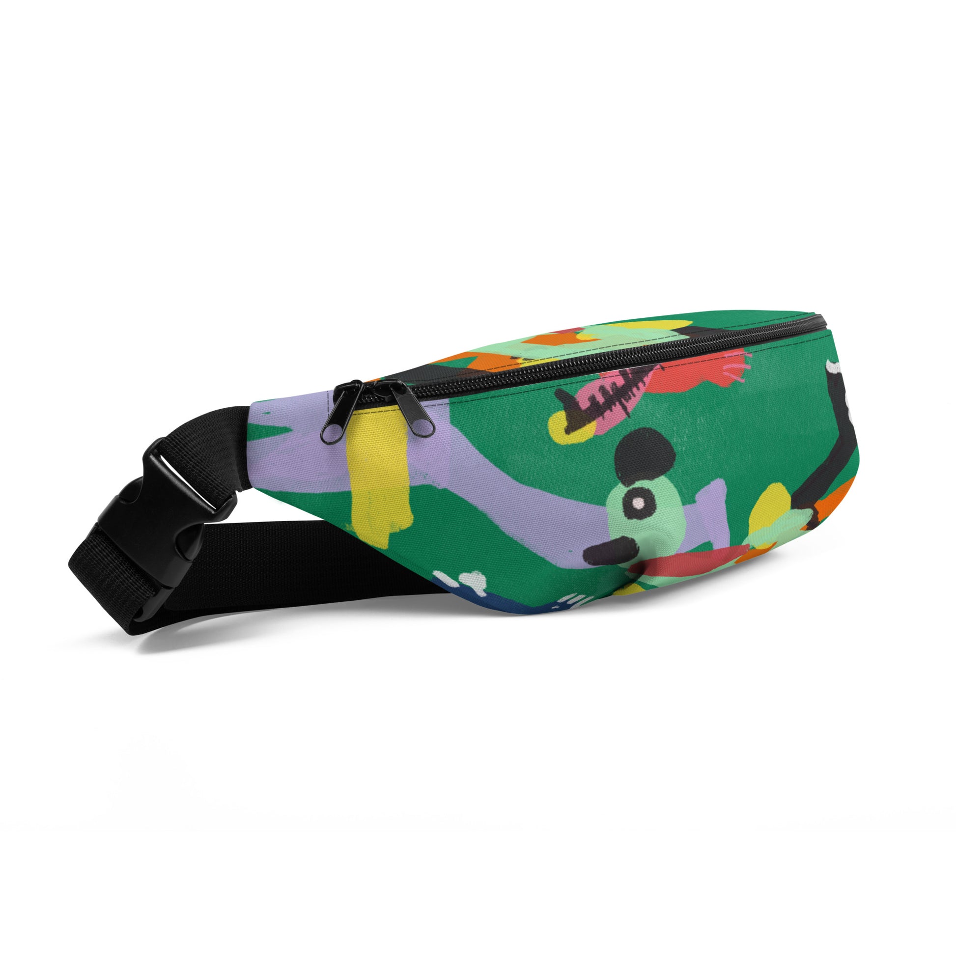 Stylish "Jungle Party" fanny pack for chaos on the go, offering hands-free convenience with its bright design, inner pocket, and adjustable fit.