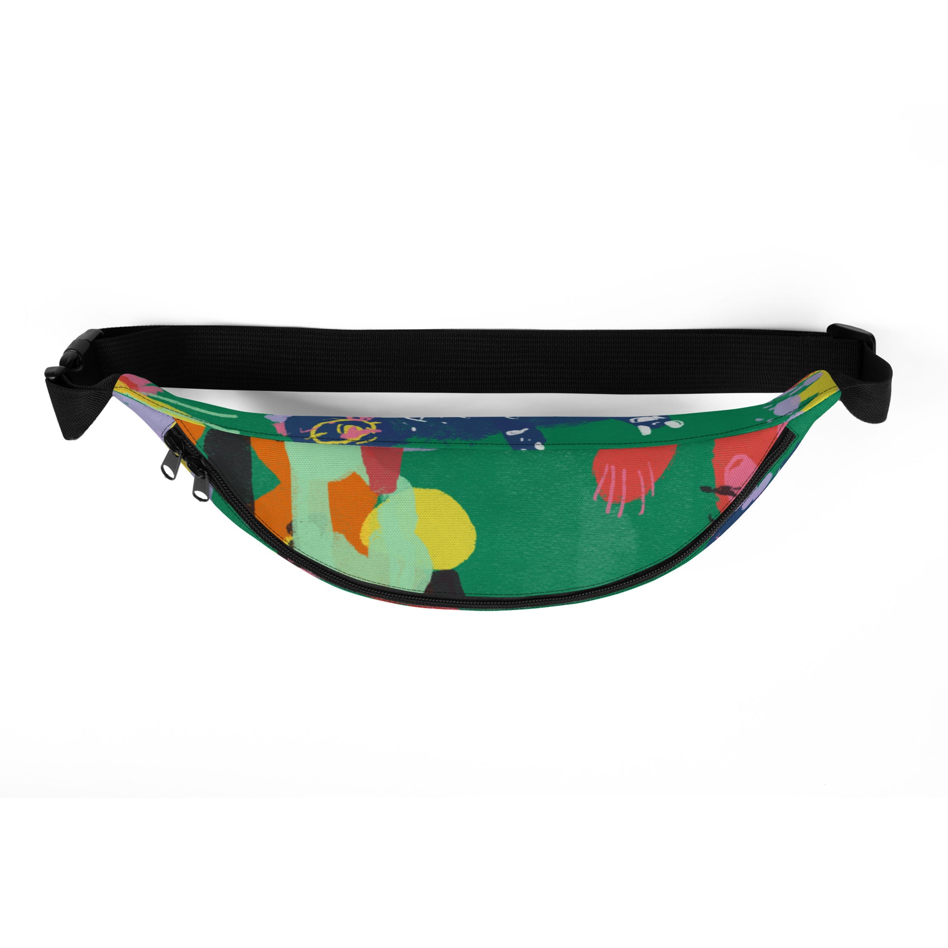 "Jungle Party" fanny pack, a bold and bright hands-free accessory for adventures, with an inside pocket and adjustable straps.