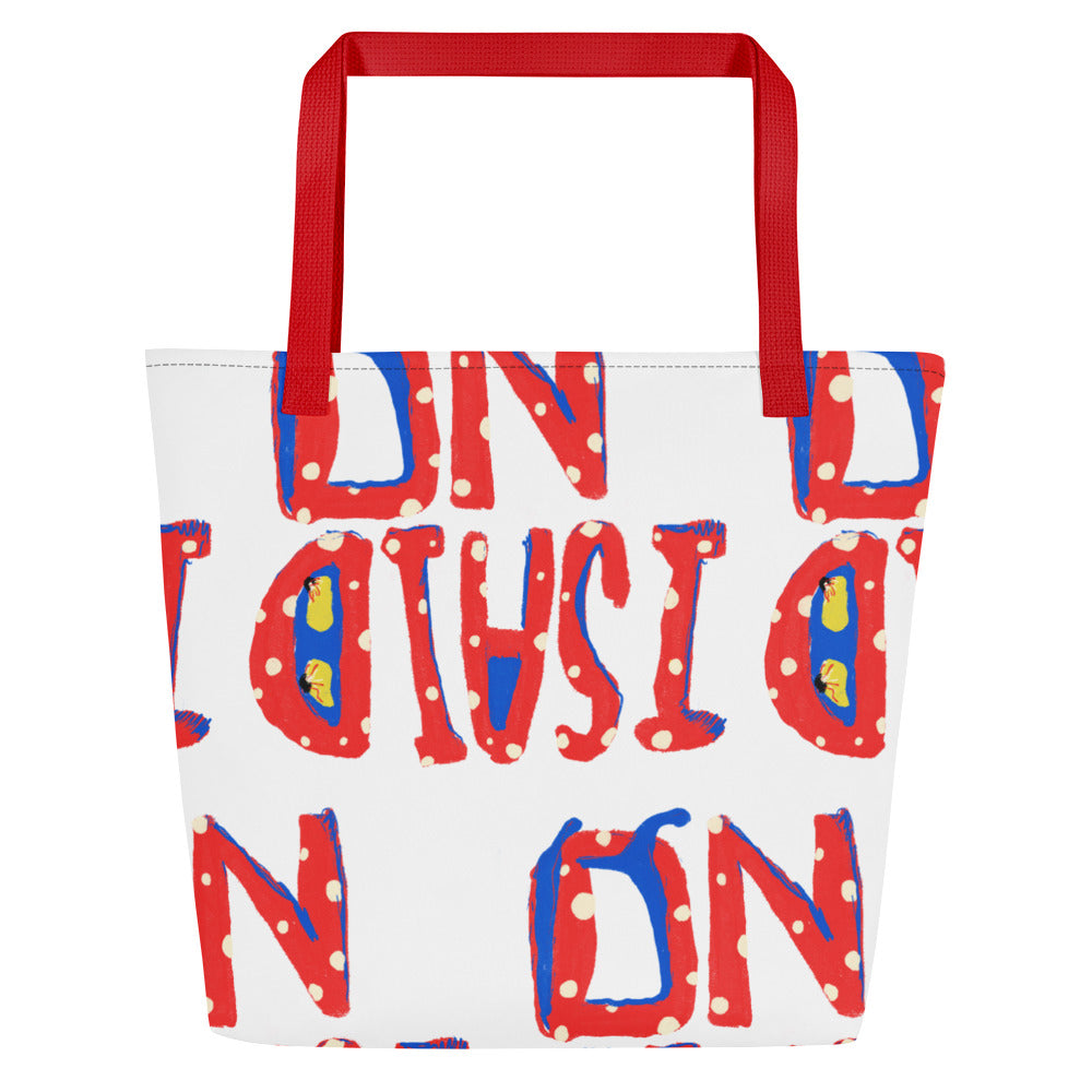 All-over print tote with white background and I Said No graphics