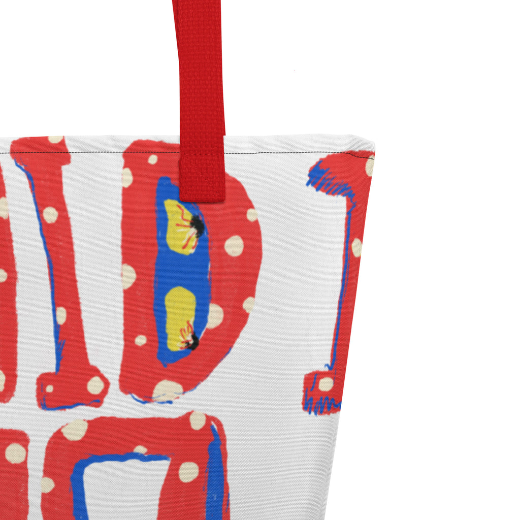 All-over print tote with white background and I Said No graphics