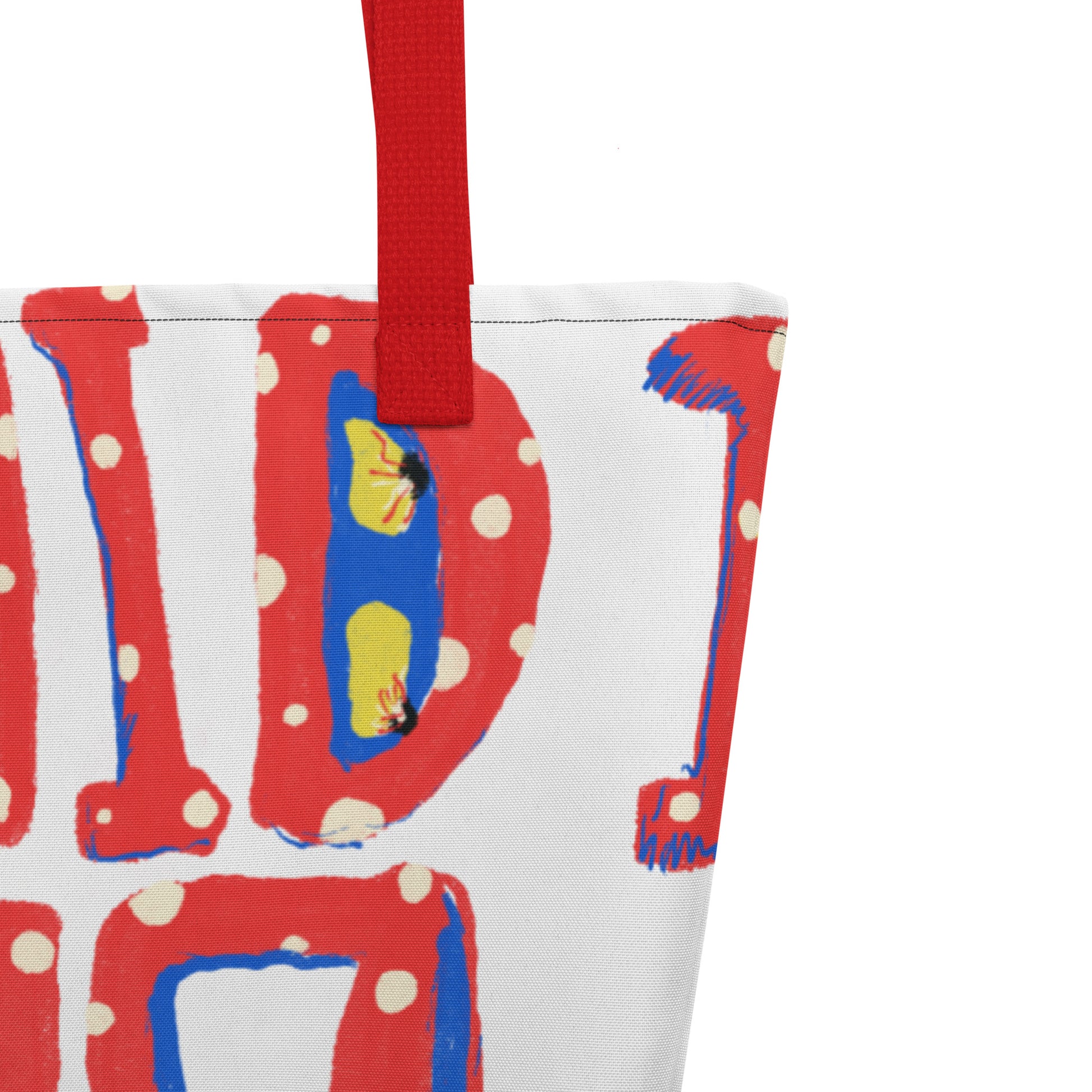 All-over print tote with white background and I Said No graphics