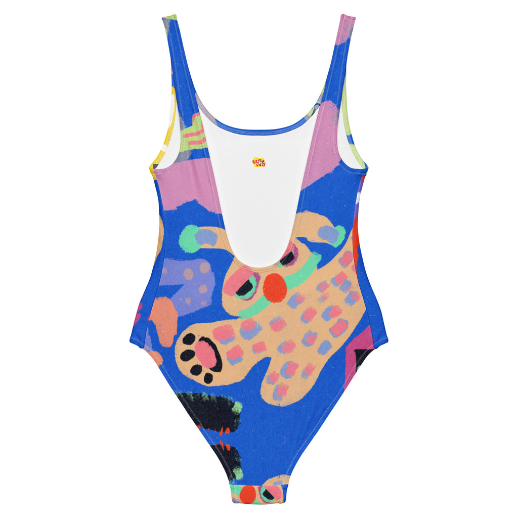 Bold one-piece swimsuit with "Night With My Rabbit" art print, designed for comfort and a flattering fit, perfect for pool or beach.