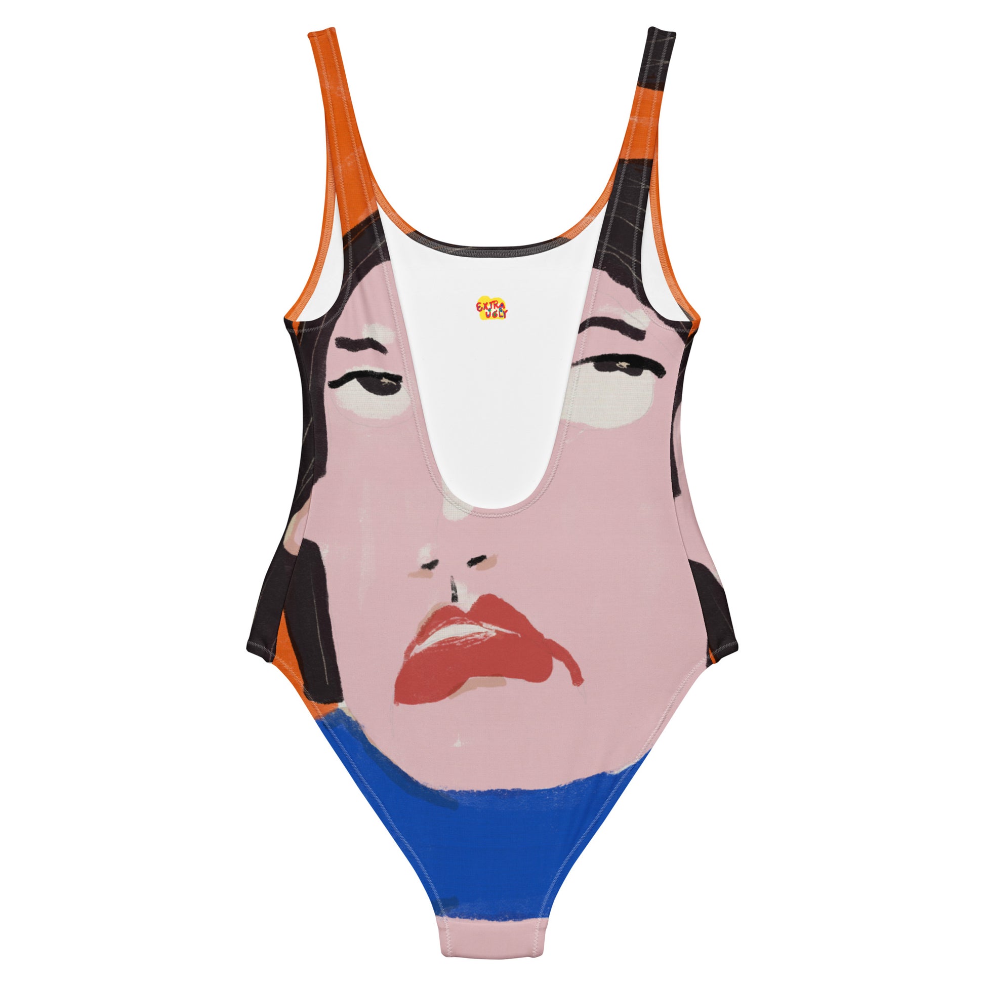 One-piece swimsuit with hand-drawn annoyed woman face and bold attitude