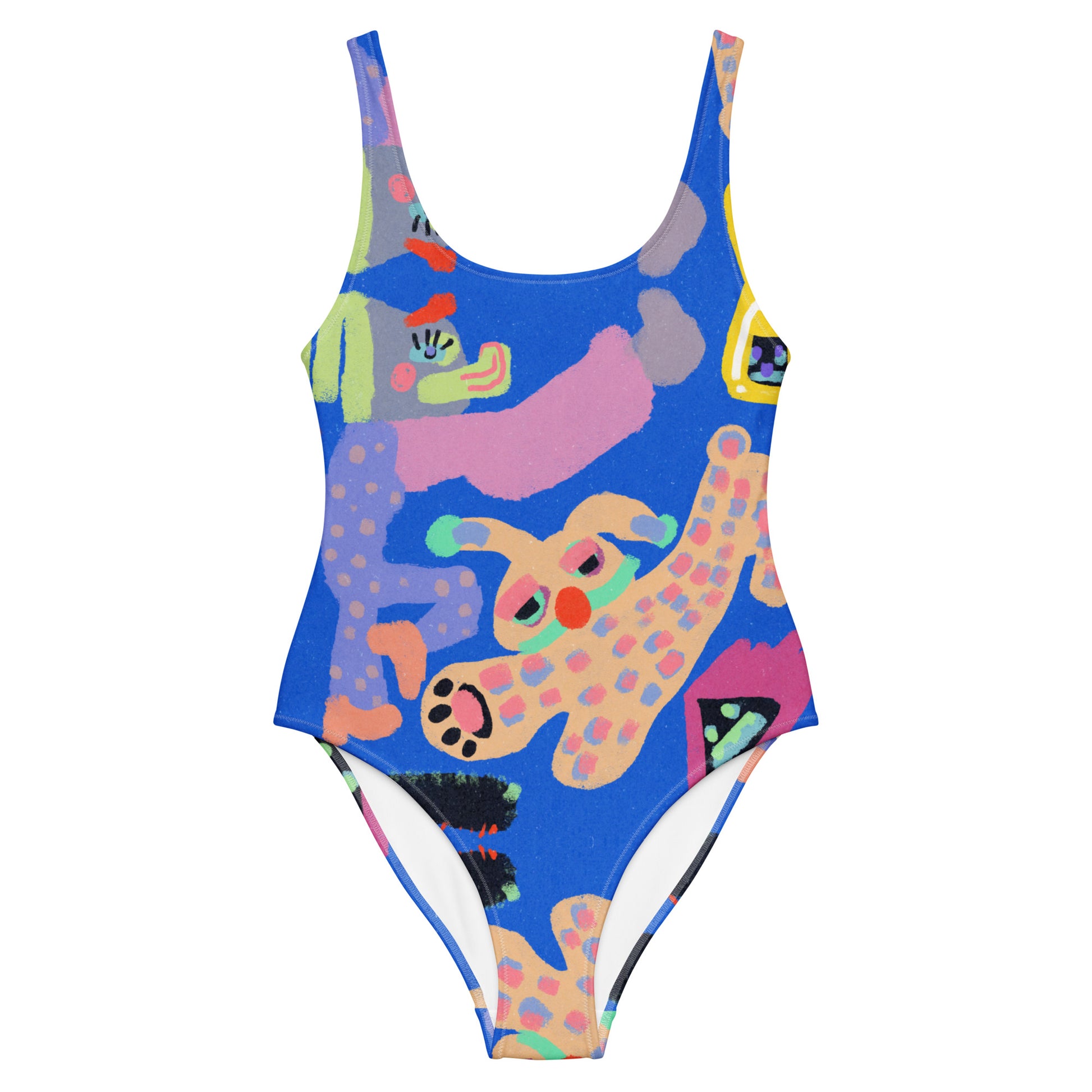 Vibrant "Night With My Rabbit" one-piece swimsuit, showcasing a unique hand-drawn rabbit artwork, ideal for a standout swimwear statement.