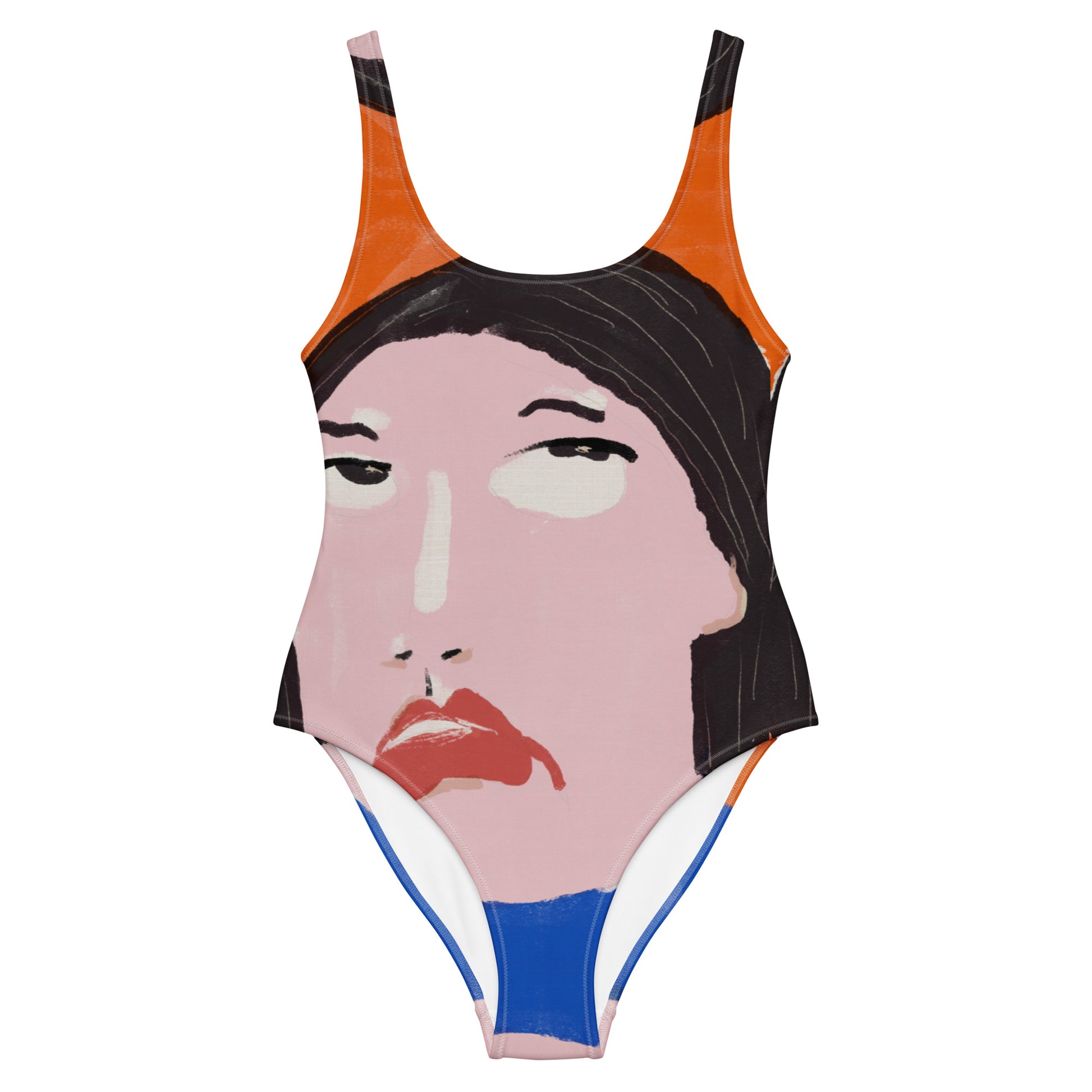 One-piece swimsuit with hand-drawn annoyed woman face and bold attitude