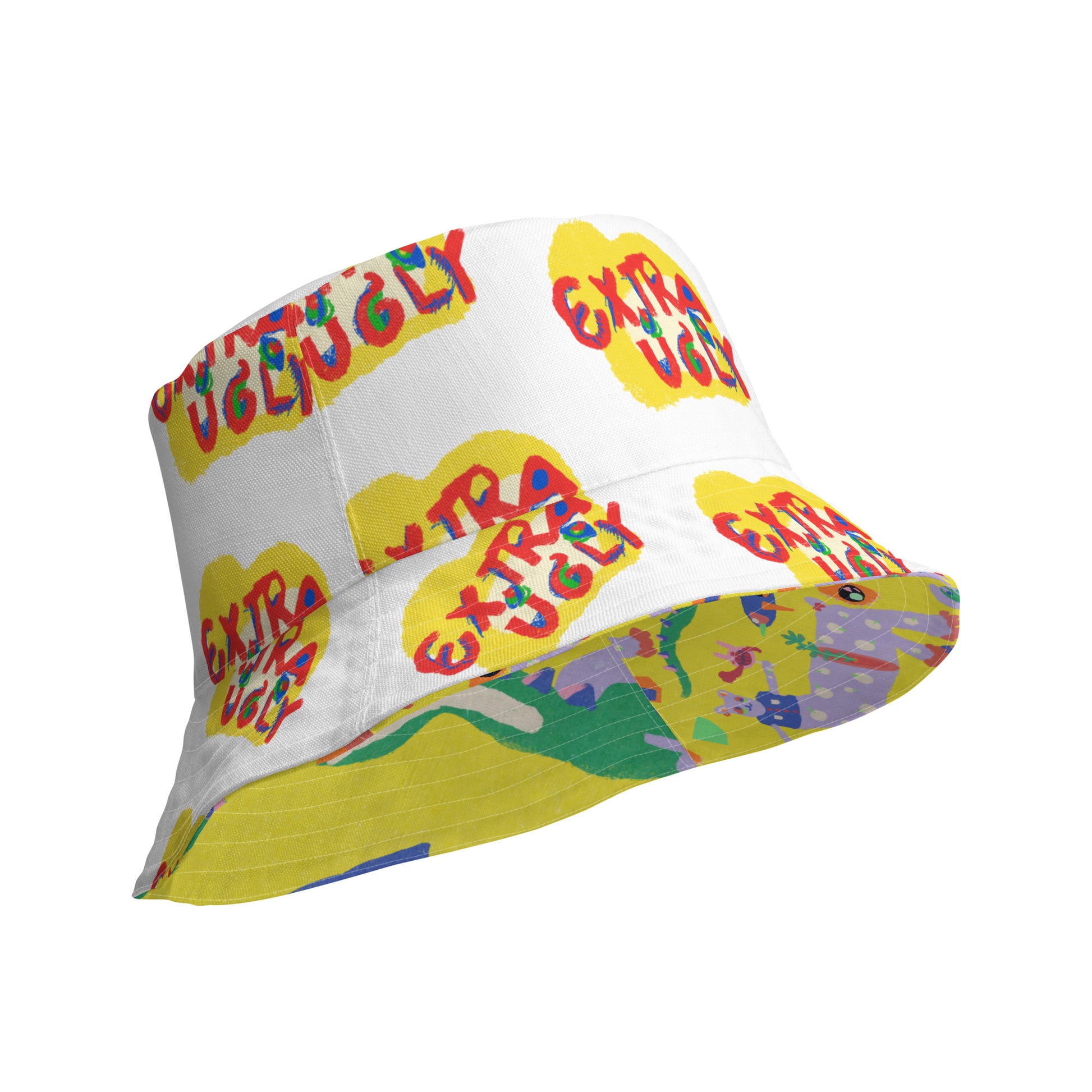 Premium reversible bucket hat showcasing "Yellow Burnout" art on the exterior and the "Extra Ugly" logo inside, perfect for a rebellious streetwear look.

