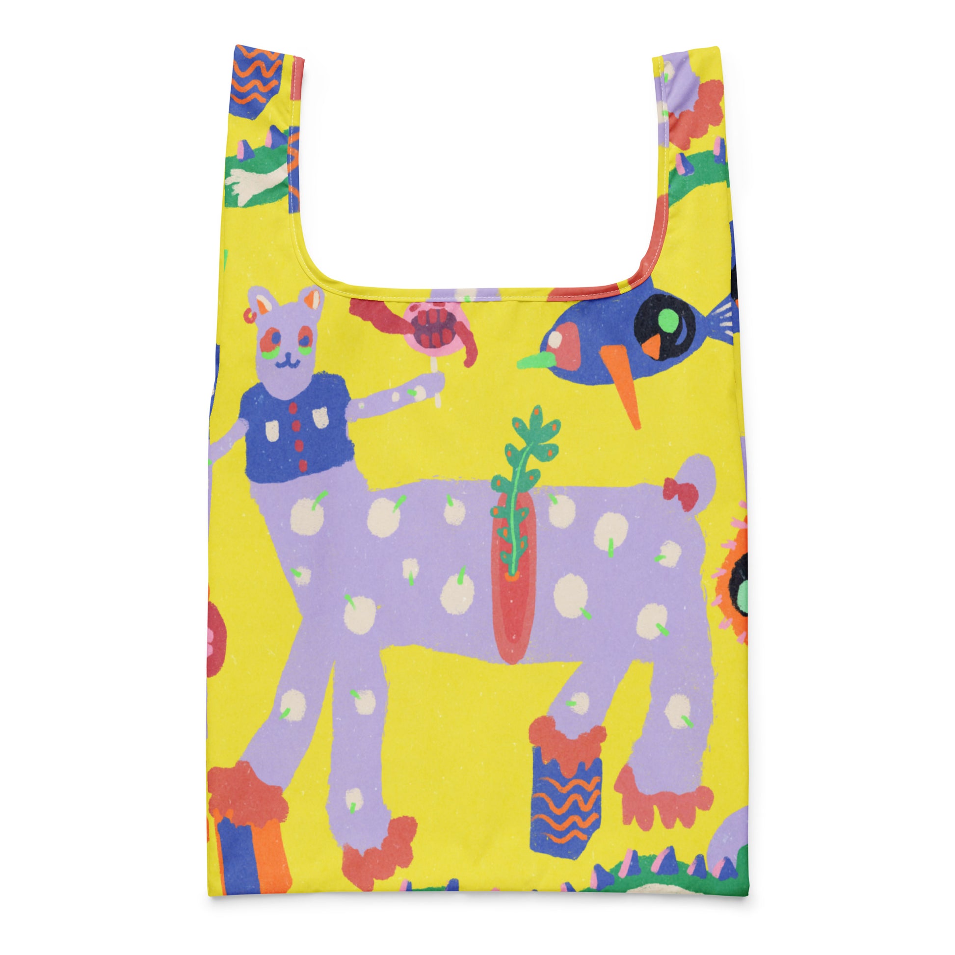 Reusable yellow shopping bag with a burnout-style texture and built-in handles, designed to replace plastic bags.