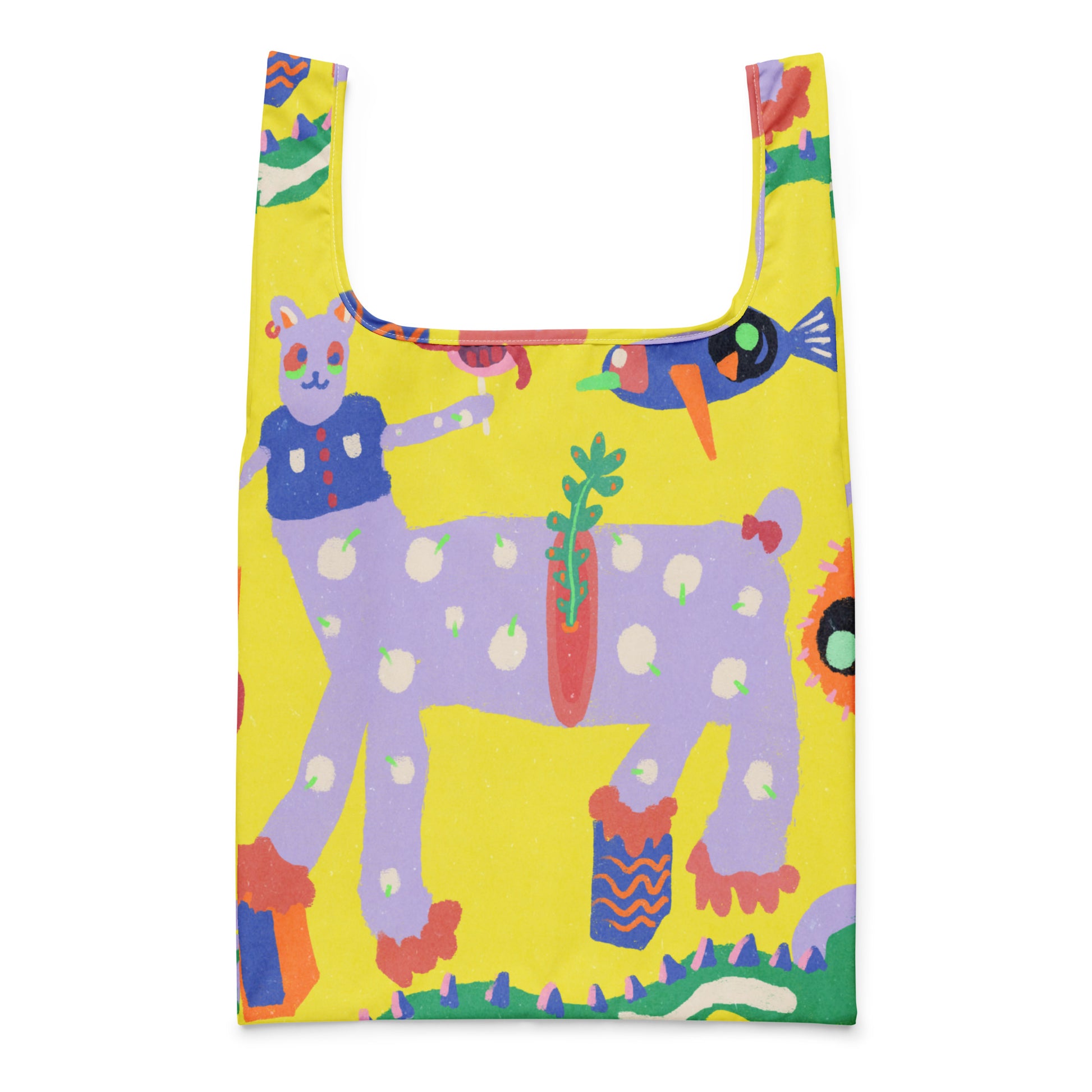 Reusable yellow shopping bag with a burnout-style texture and built-in handles, designed to replace plastic bags.