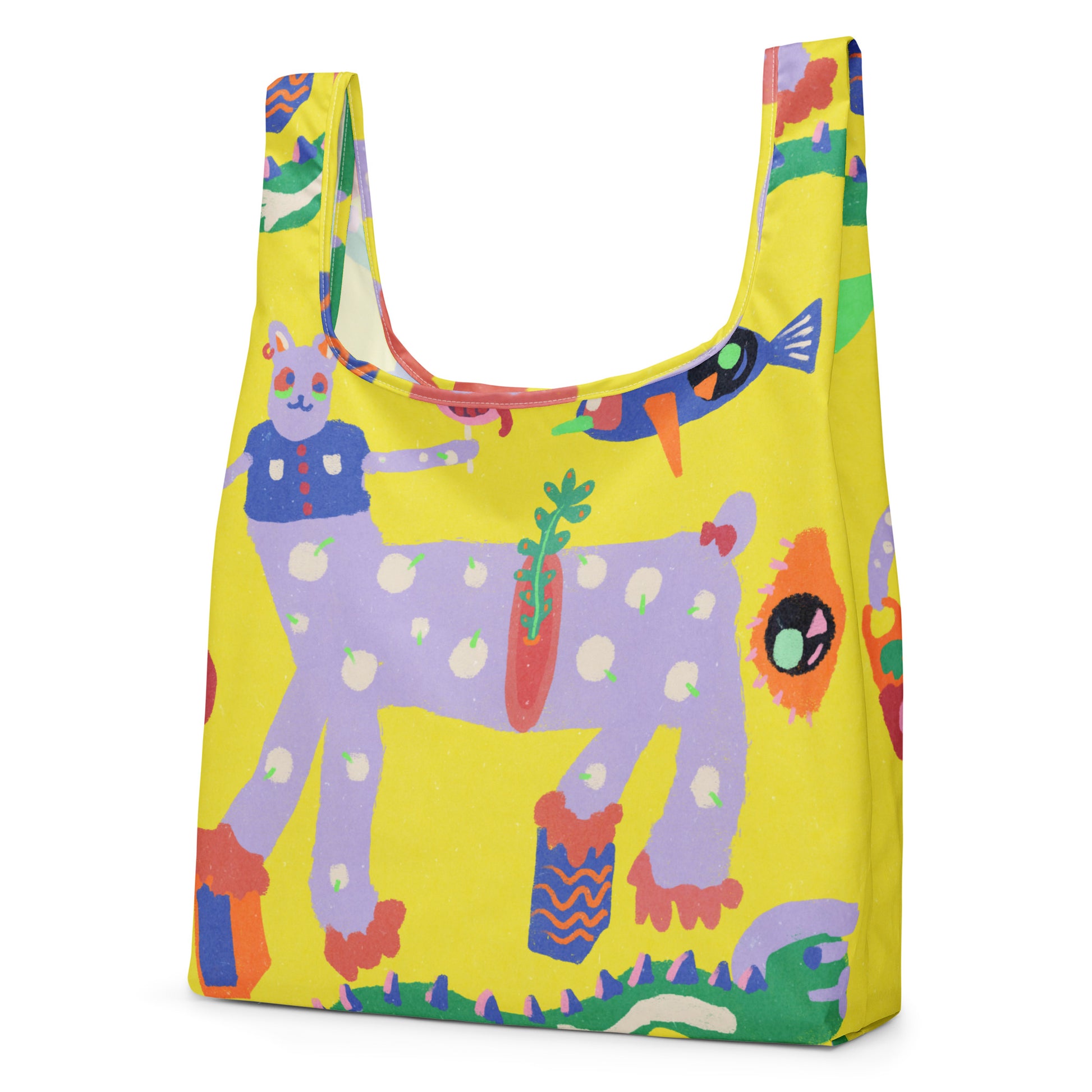 Reusable yellow shopping bag with a burnout-style texture and built-in handles, designed to replace plastic bags.