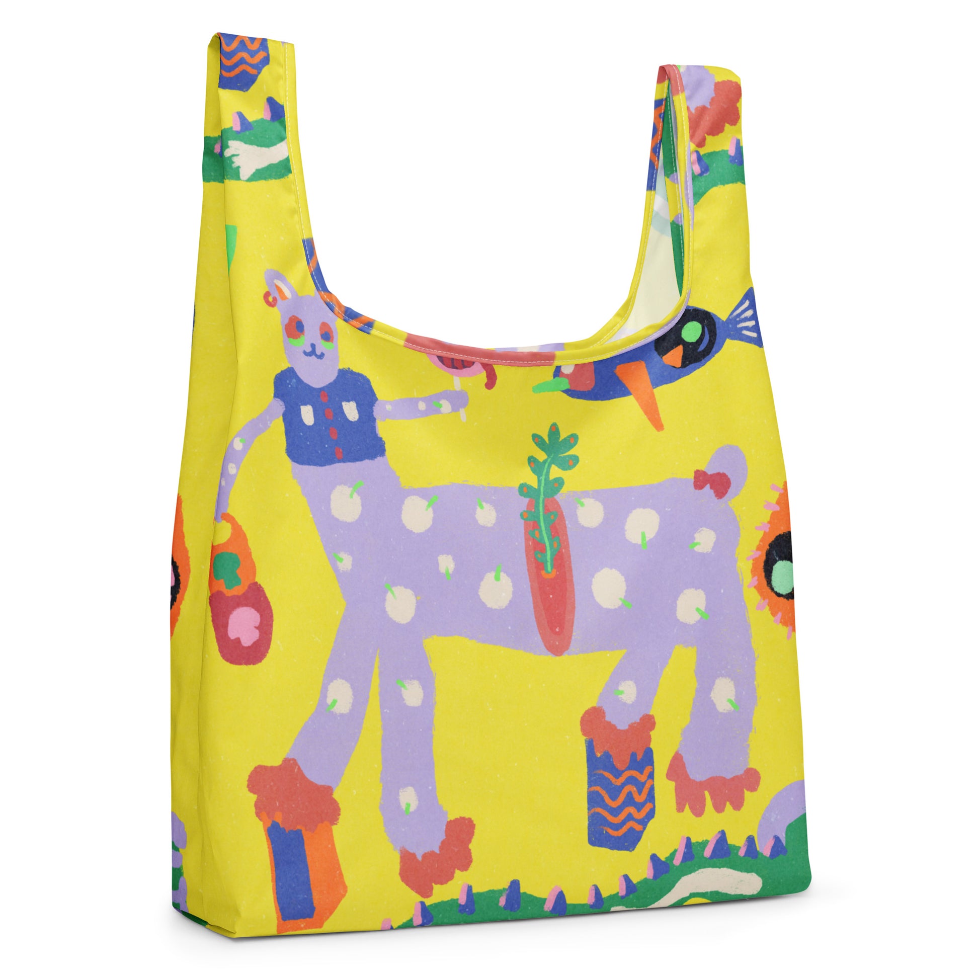 Reusable yellow shopping bag with a burnout-style texture and built-in handles, designed to replace plastic bags.