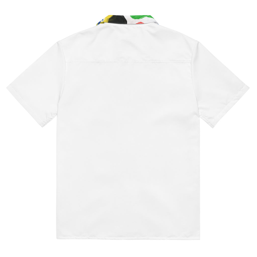 Unisex short-sleeve button-up shirt with bright abstract color-block design, lightweight summer fabric