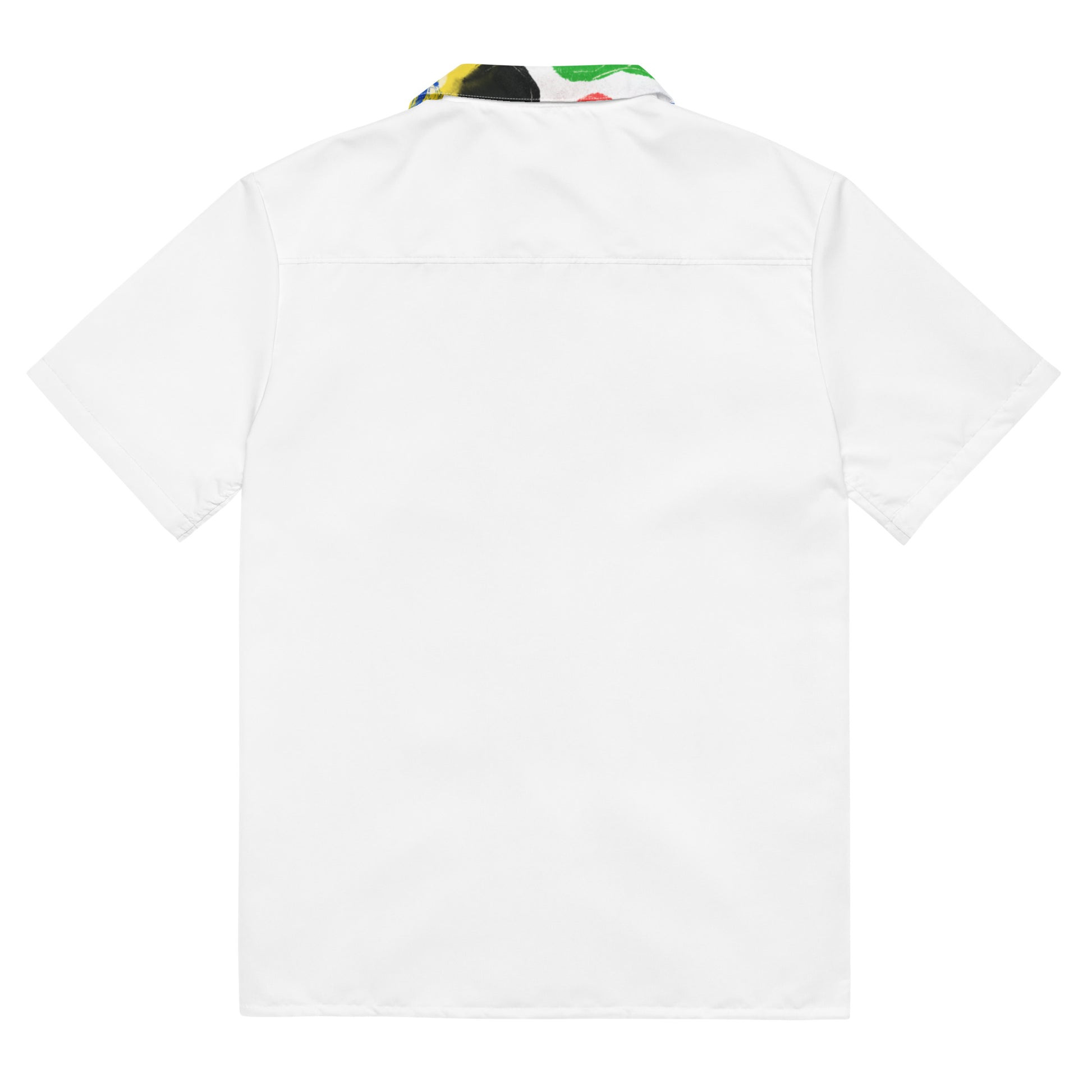 Unisex short-sleeve button-up shirt with bright abstract color-block design, lightweight summer fabric