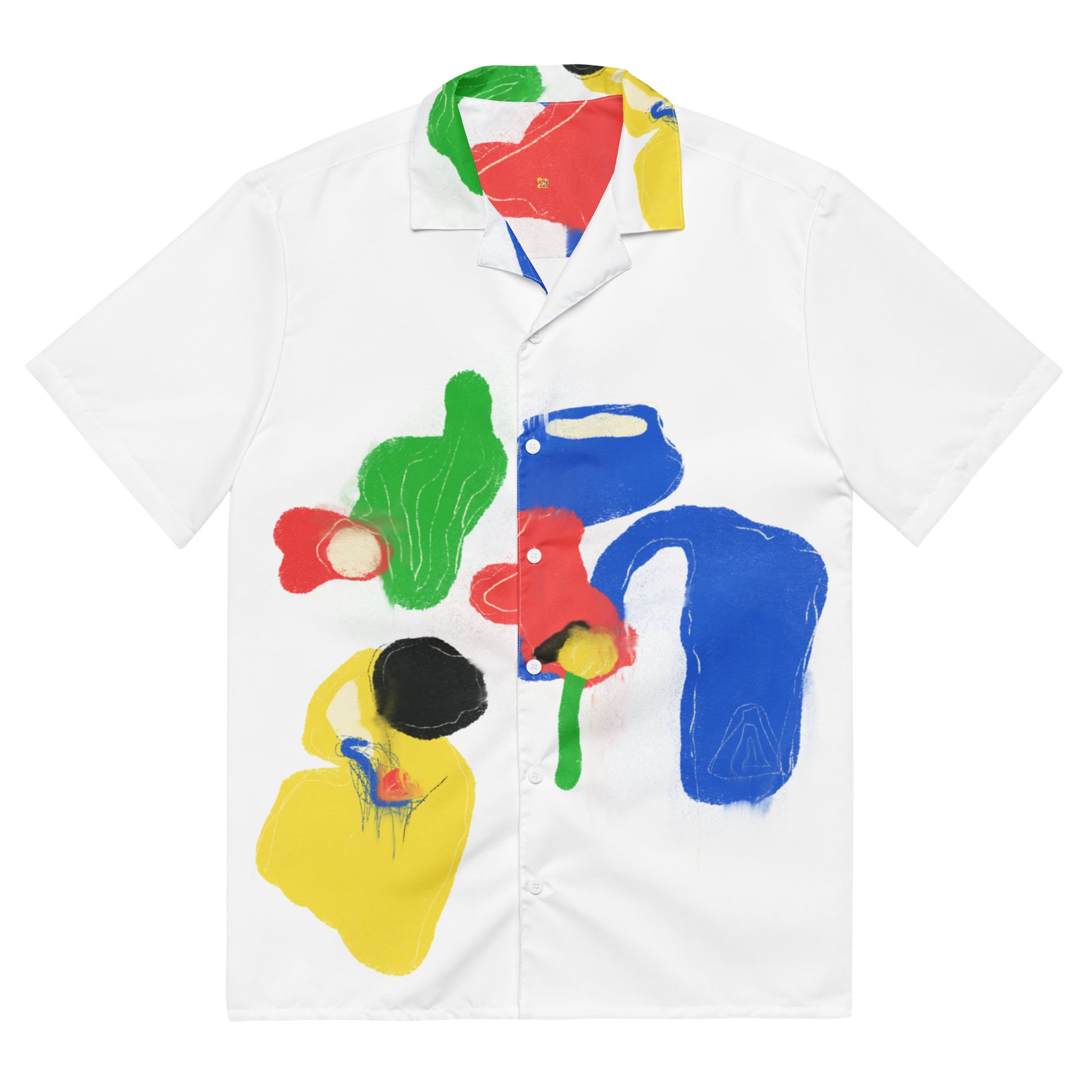 Product Unisex short-sleeve button-up shirt with bright abstract color-block design, lightweight summer fabric