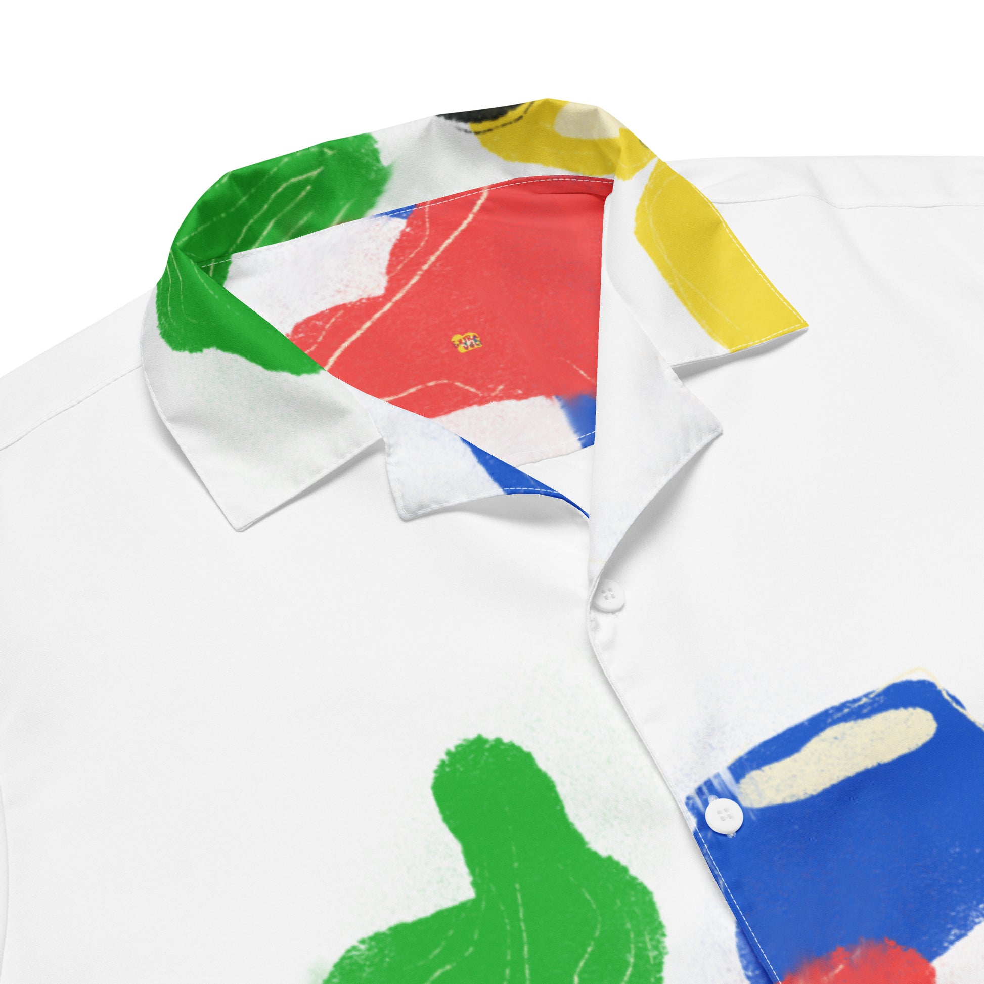 Unisex short-sleeve button-up shirt with bright abstract color-block design, lightweight summer fabric