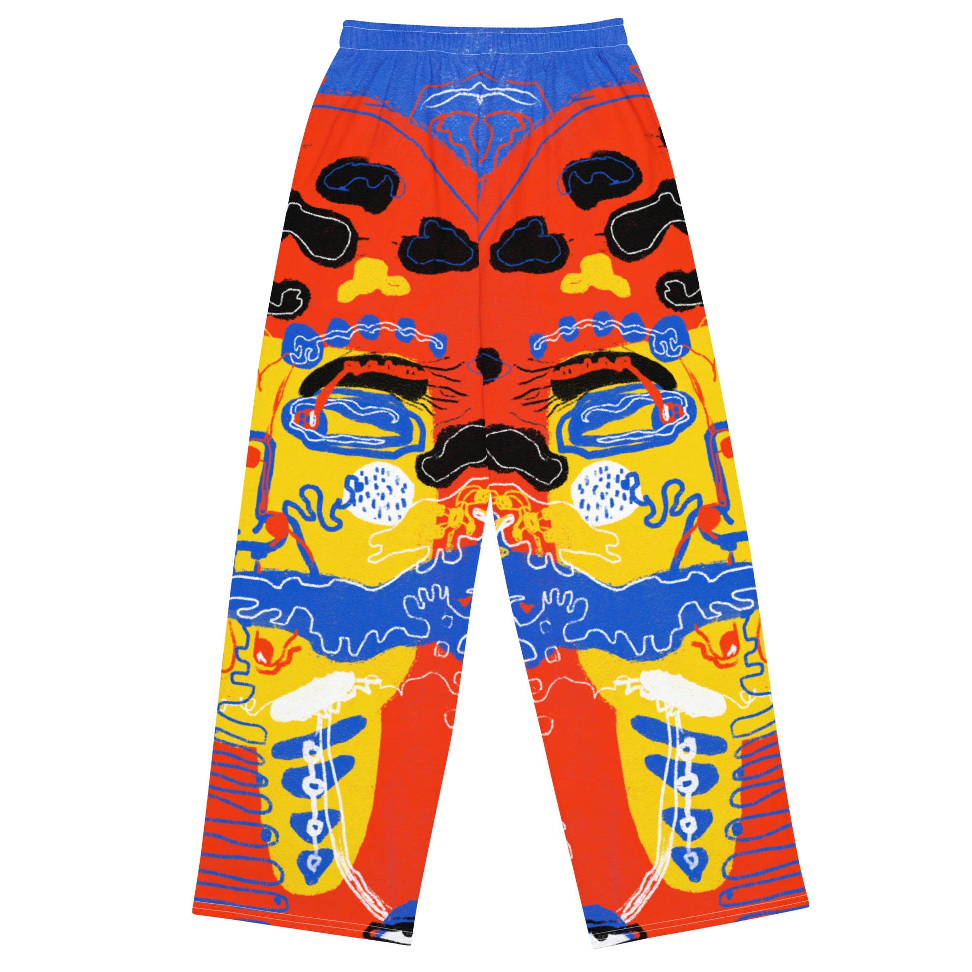 Uniquely printed wide-leg pants featuring "Mushroom Lady" artwork, bringing a chaotic, surreal vibe to your outfit.