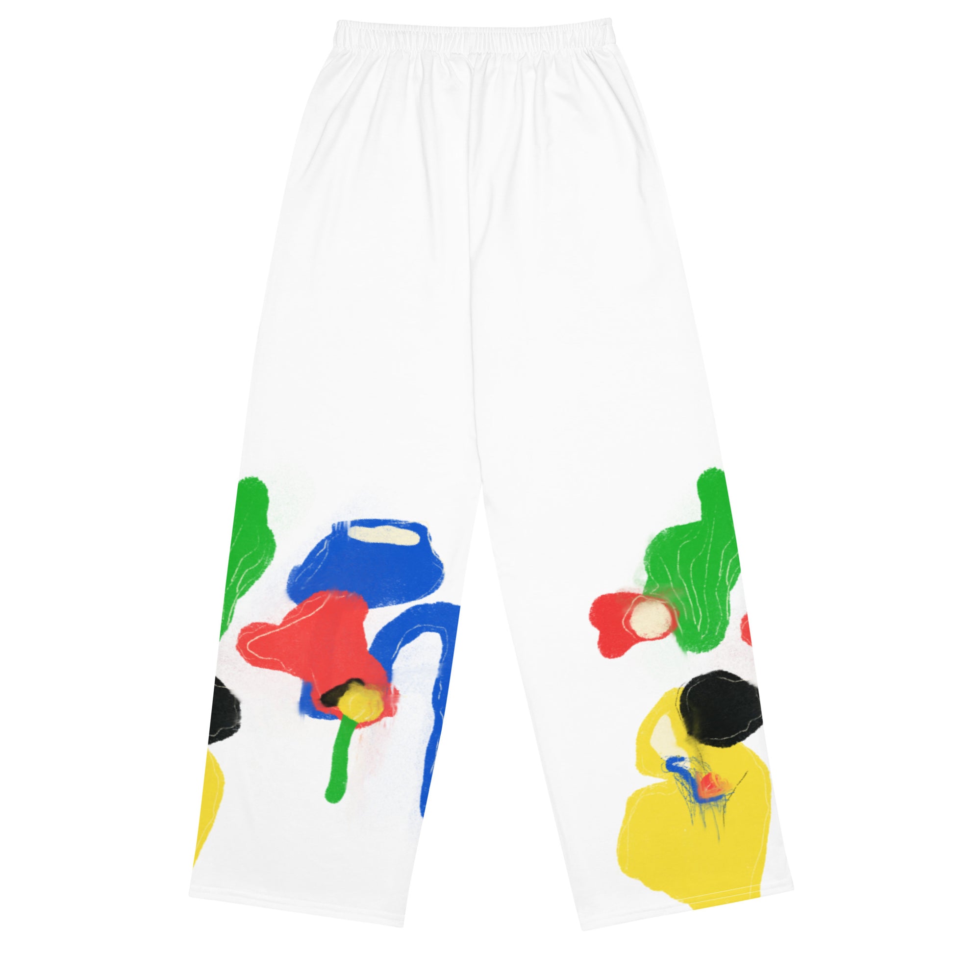 Unisex wide-leg pants with colorful abstract all-over print, featuring elastic waistband and relaxed fit.
