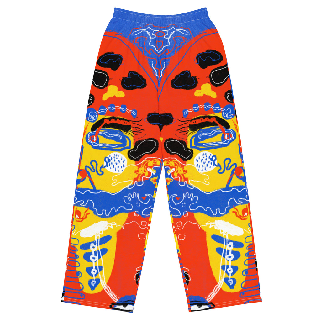 Uniquely printed wide-leg pants featuring "Mushroom Lady" artwork, bringing a chaotic, surreal vibe to your outfit.