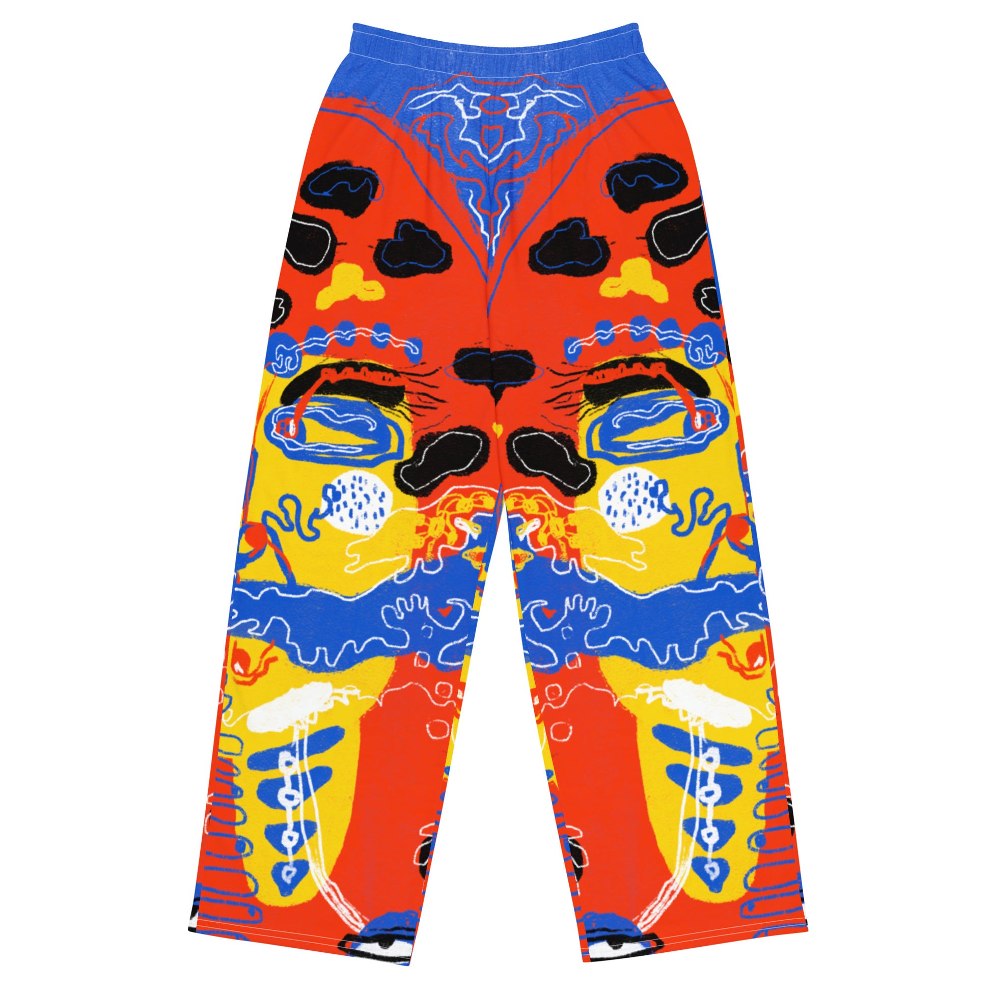 Uniquely printed wide-leg pants featuring "Mushroom Lady" artwork, bringing a chaotic, surreal vibe to your outfit.