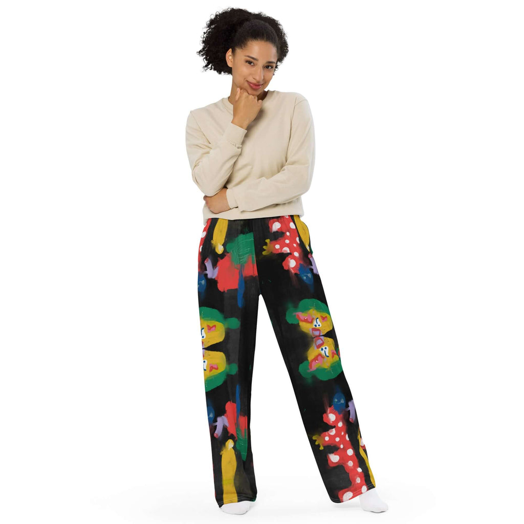 Loose and comfortable wide-leg pants featuring "Wrapping Trip" artwork, made with stretchy, breathable fabric and an adjustable waistband.