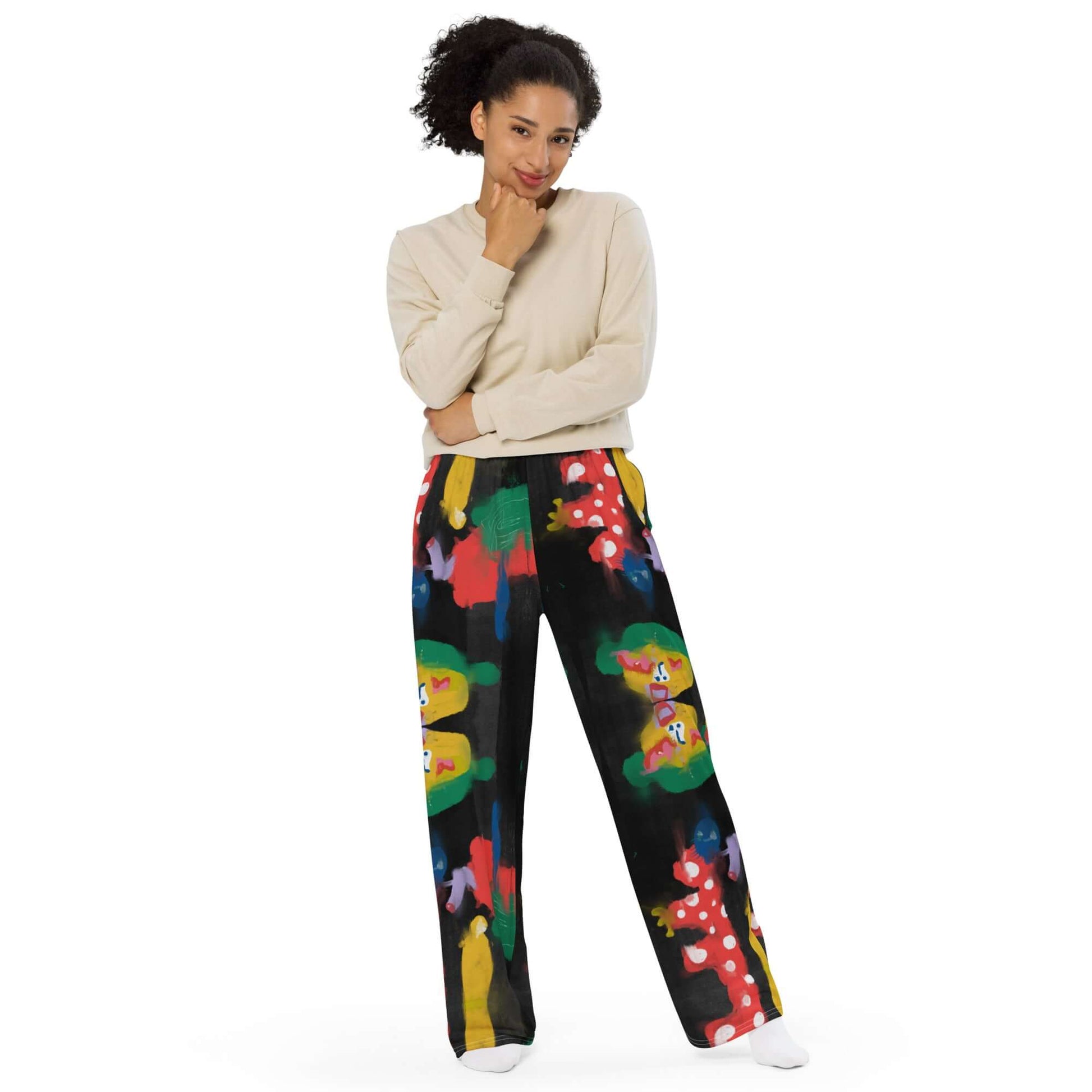 Loose and comfortable wide-leg pants featuring "Wrapping Trip" artwork, made with stretchy, breathable fabric and an adjustable waistband.