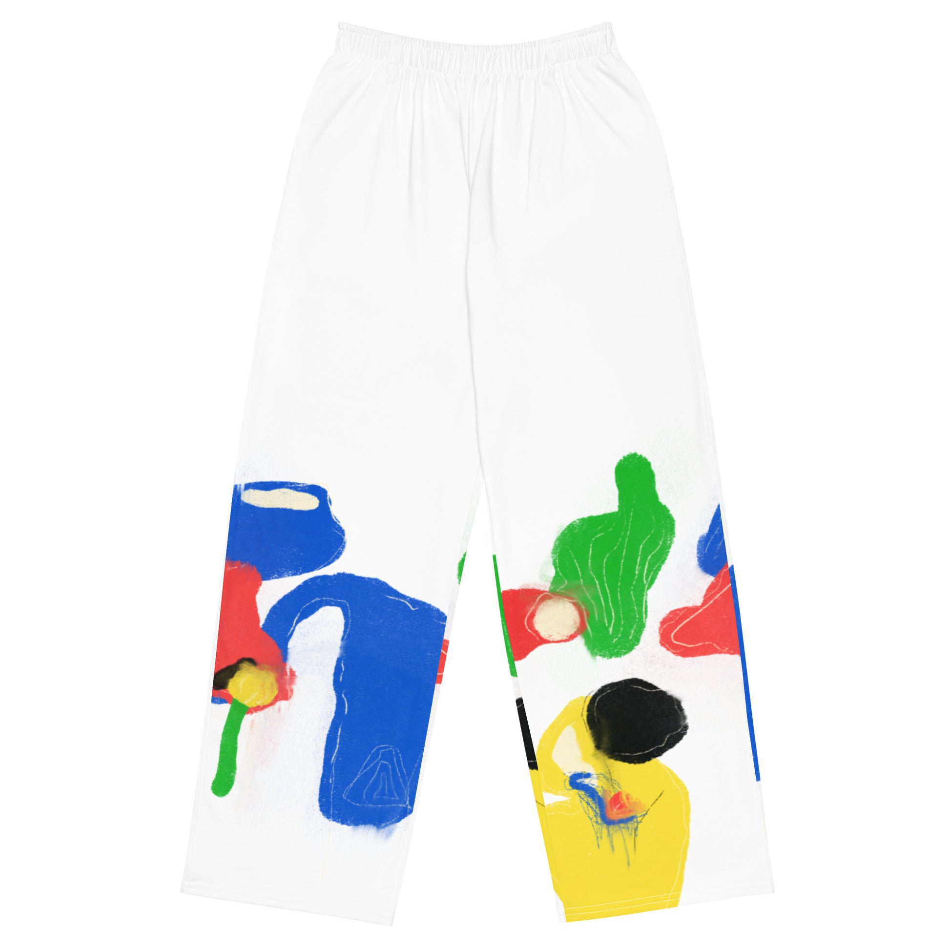 Unisex wide-leg pants with colorful abstract all-over print, featuring elastic waistband and relaxed fit.
