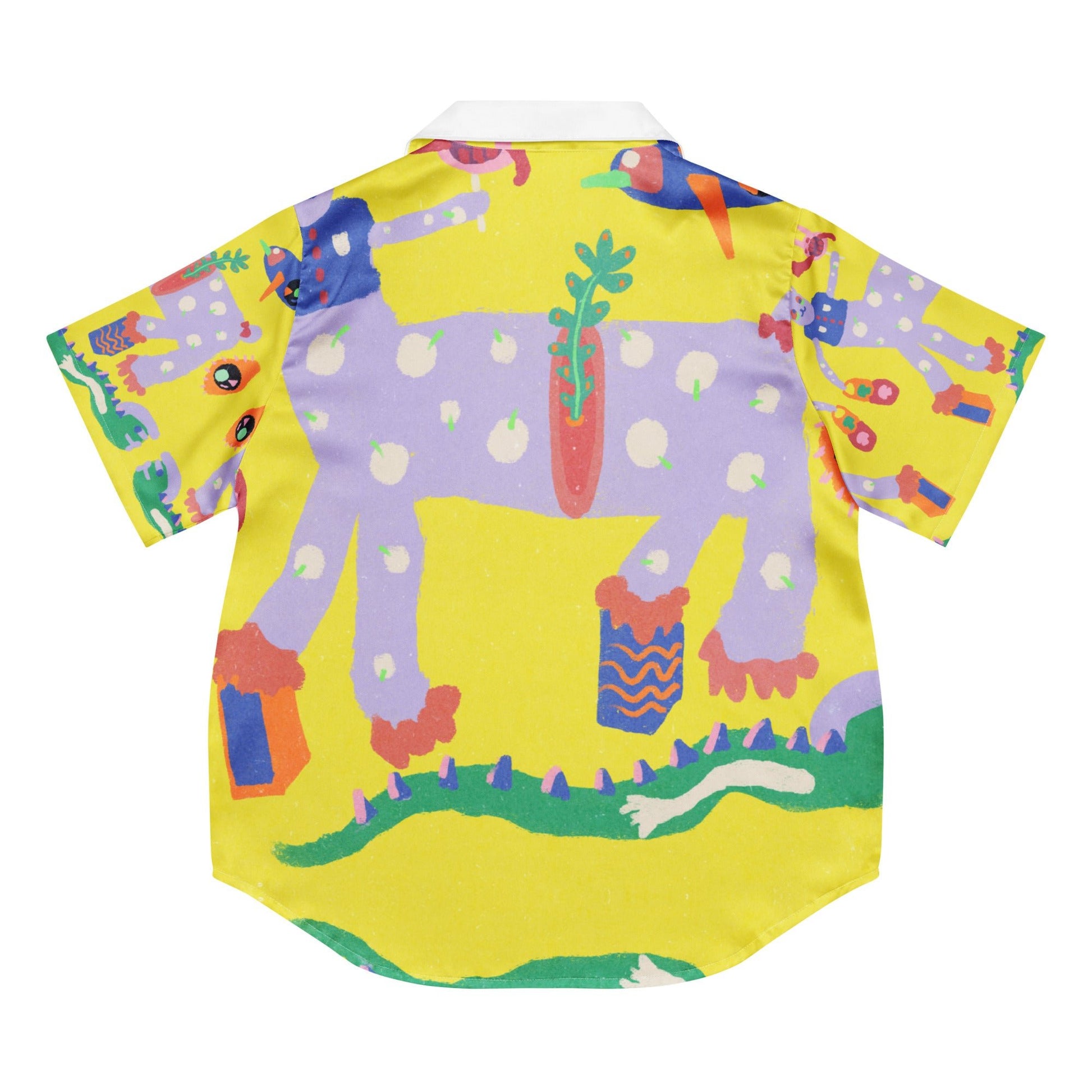 "Yellow Burnout" all-over print women's short sleeve pajama shirt in silky satin material.