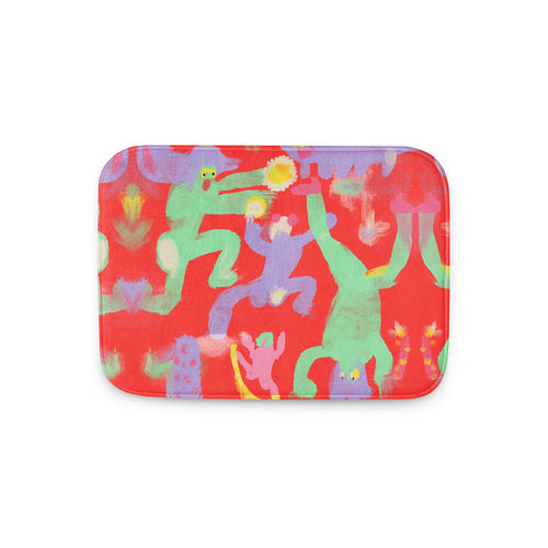 Plush memory foam bath mat featuring "Dancing Hard" artwork—a wild, unbalanced print of dancing figures—bringing unique personality to your bathroom.